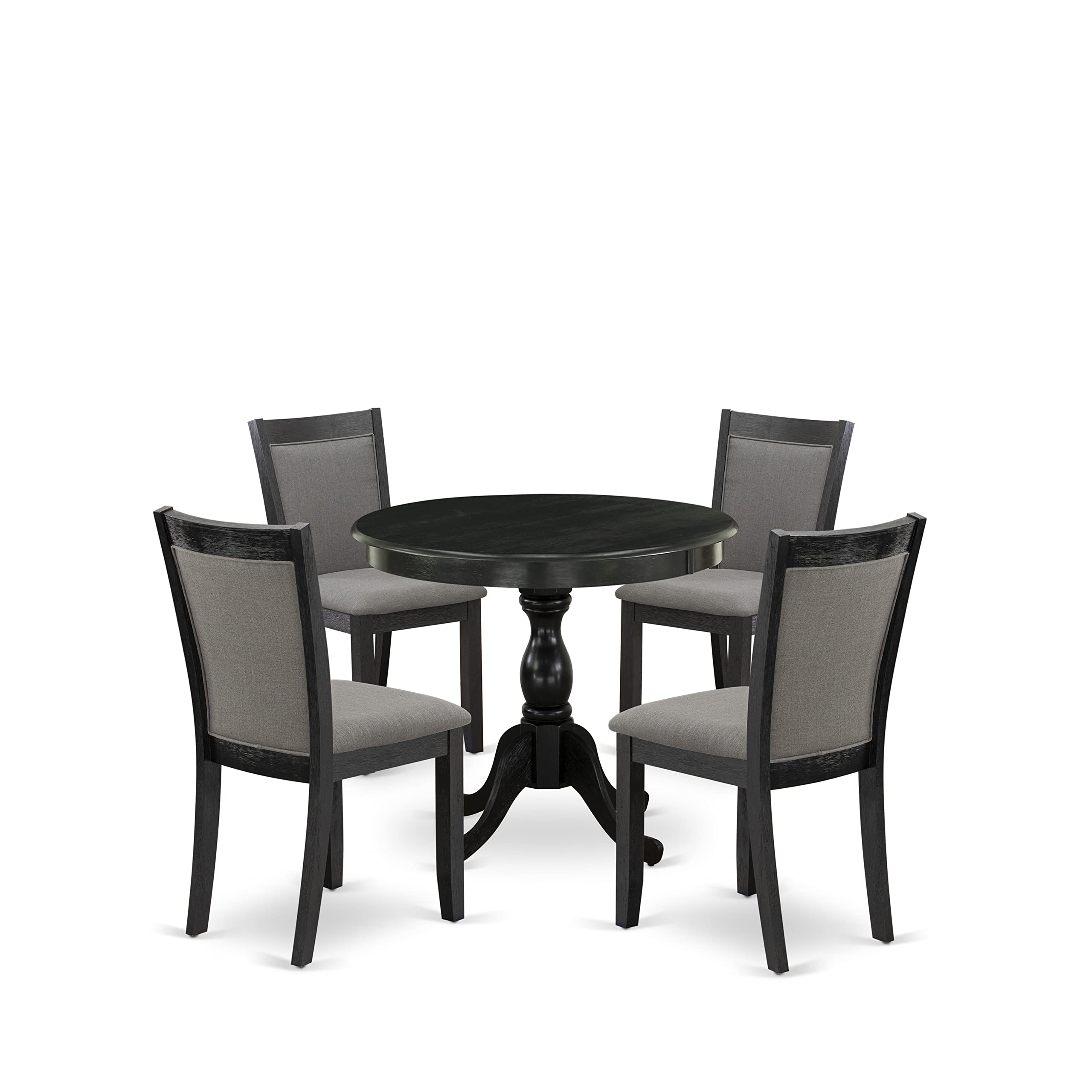 East West Furniture AMMZ5-AB6-50 5 Piece Dinette Set Includes a Round Kitchen Table with Pedestal and 4 Dark Gotham Grey Linen Fabric Upholstered Parson Chairs, 36x36 Inch, Wirebrushed Black