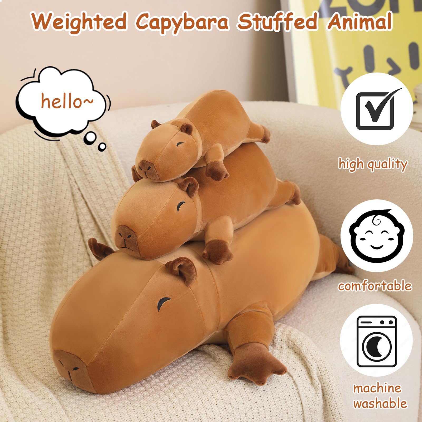 Sqeqe Weighted Capybara Plush, Weighted Capybara Stuffed Animal For Anxiety, Cute Capybara Plushies Soft Capybara Pillow Toy Gif