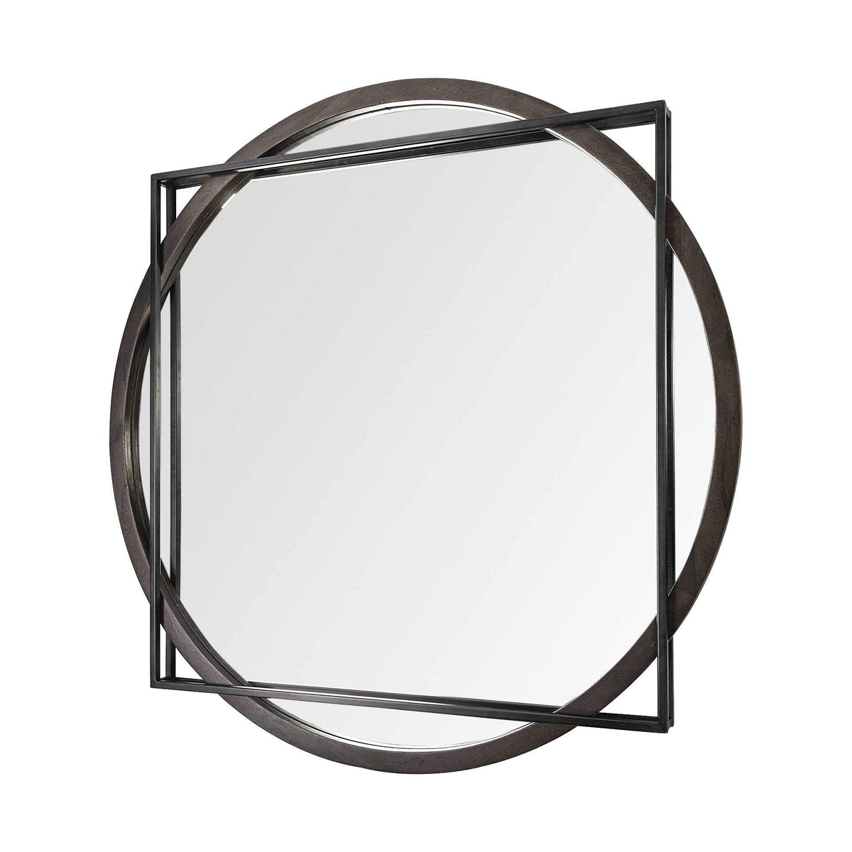 HomeRoots Metal/Wood 46' Round-Square Black Wood and Metal Frame Wall Mirror