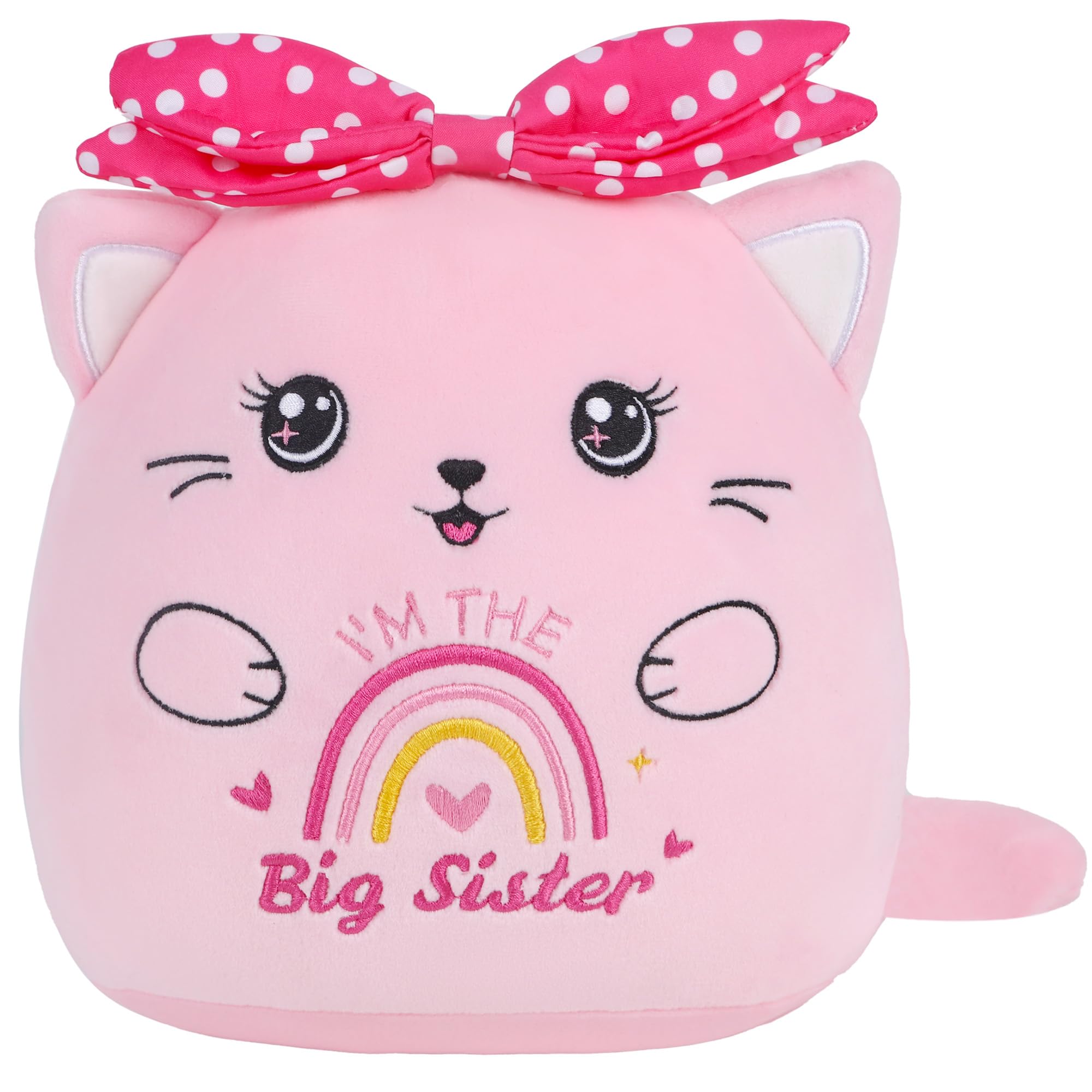 Seaopop Big Sister Stuffed Animals: 9-Inch Cute I'M The Big Sister Cat Plush Toy, Pink Bow Rainbow Heart Cat Plushie Pillow, Gif