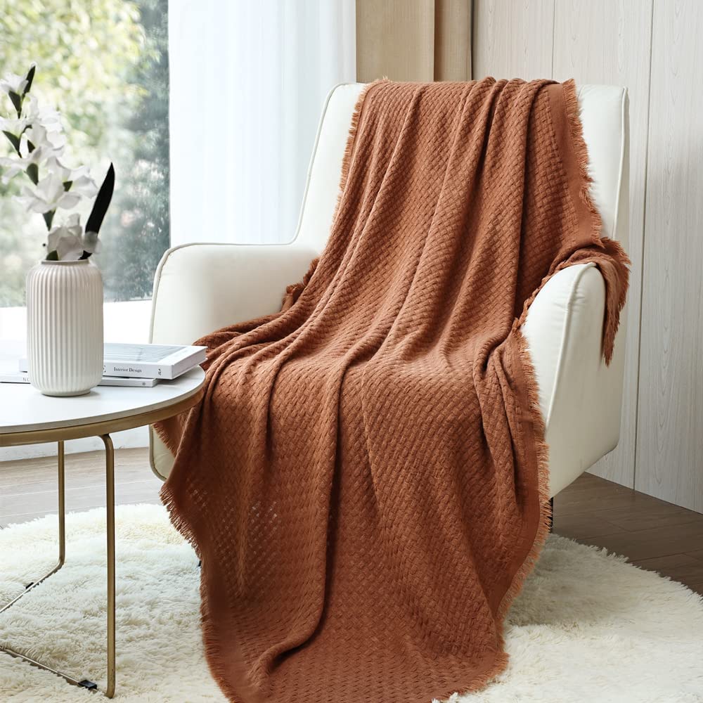 Crevent Farmhouse Rust Knit Throw Blanket For Couch Sofa Chair Bed Home Decoration, Soft Warm Cozy Light Weight For Spring Summe
