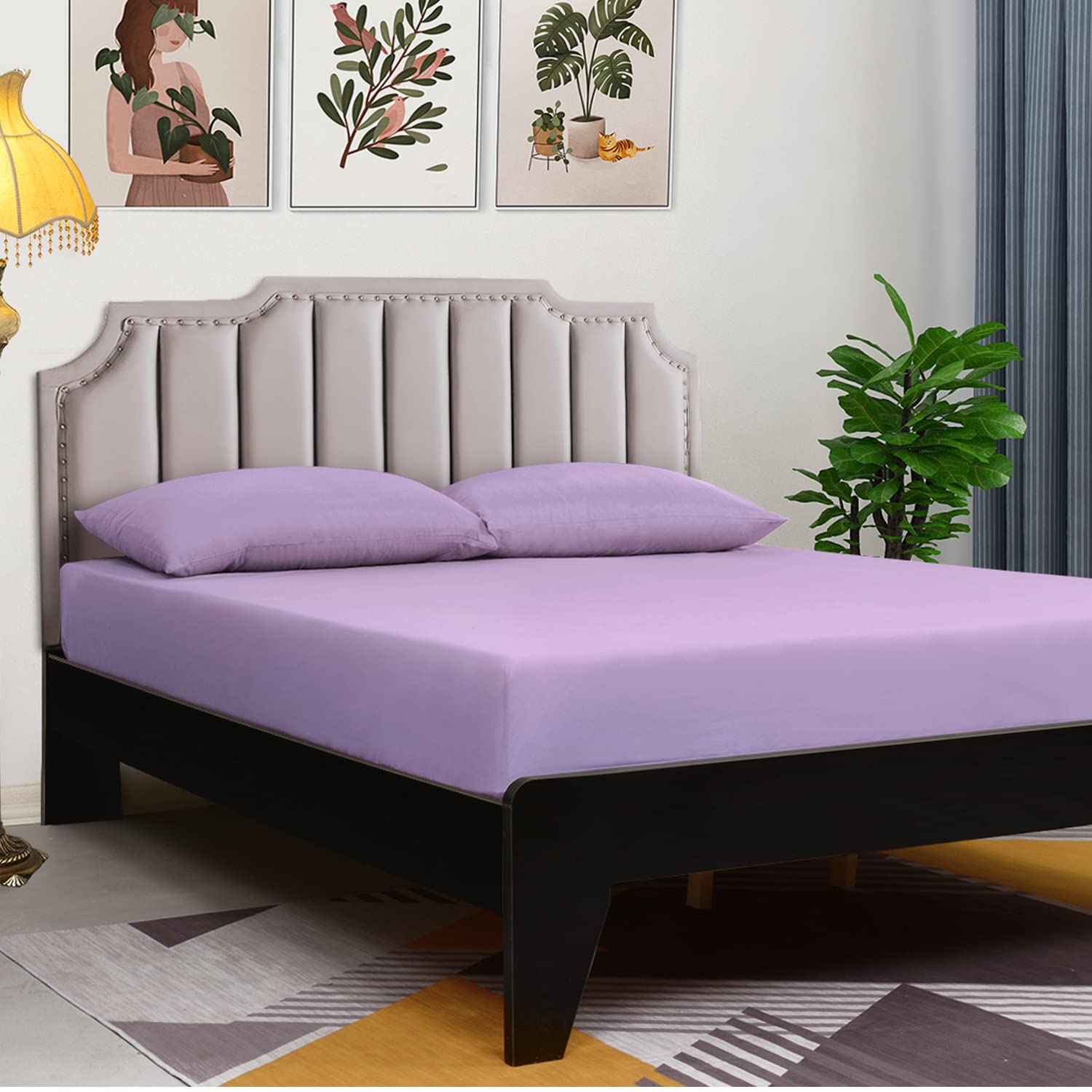 Lirex Fitted Sheet, Full Size 100% Cotton 300 Thread Count Soft Breathable Fitted Sheet, Light Purple