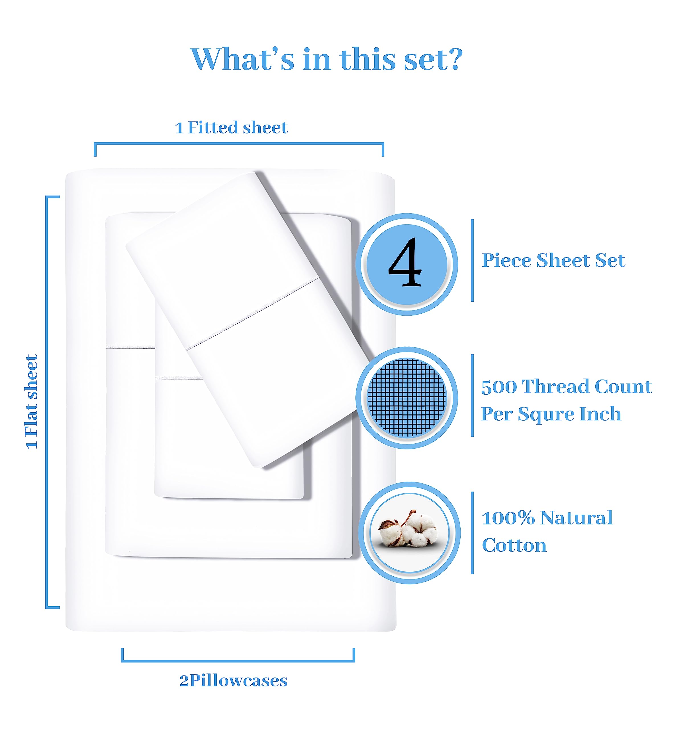 Feather & Stitch 500 Tc Full Size Damask Bed Sheet Set, 100% Cotton Soft Breathable Bedsheets, 4 Piece 18' Deep Pockets Sateen Weave Striped Bedding Mattress Resort Hotel Luxury- (Solid White, Full)