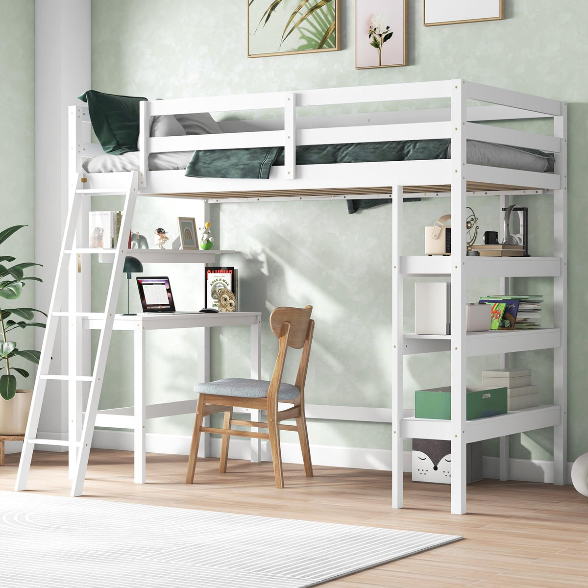 Kotek Twin Loft Bed With Desk & Storage Shelves, Solid Wood Loft Bed Frame With Bookcase, Ladder, Guardrails, Twin Size Loft Bed For Kids, Teens, Drom, Apartment (White)