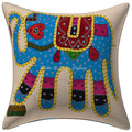 Stylo Culture Decorative Cotton Cushion Cover 16X16 Inch Applique Embroidered Patchwork Blue Living Room Decor Elephant Rajastha