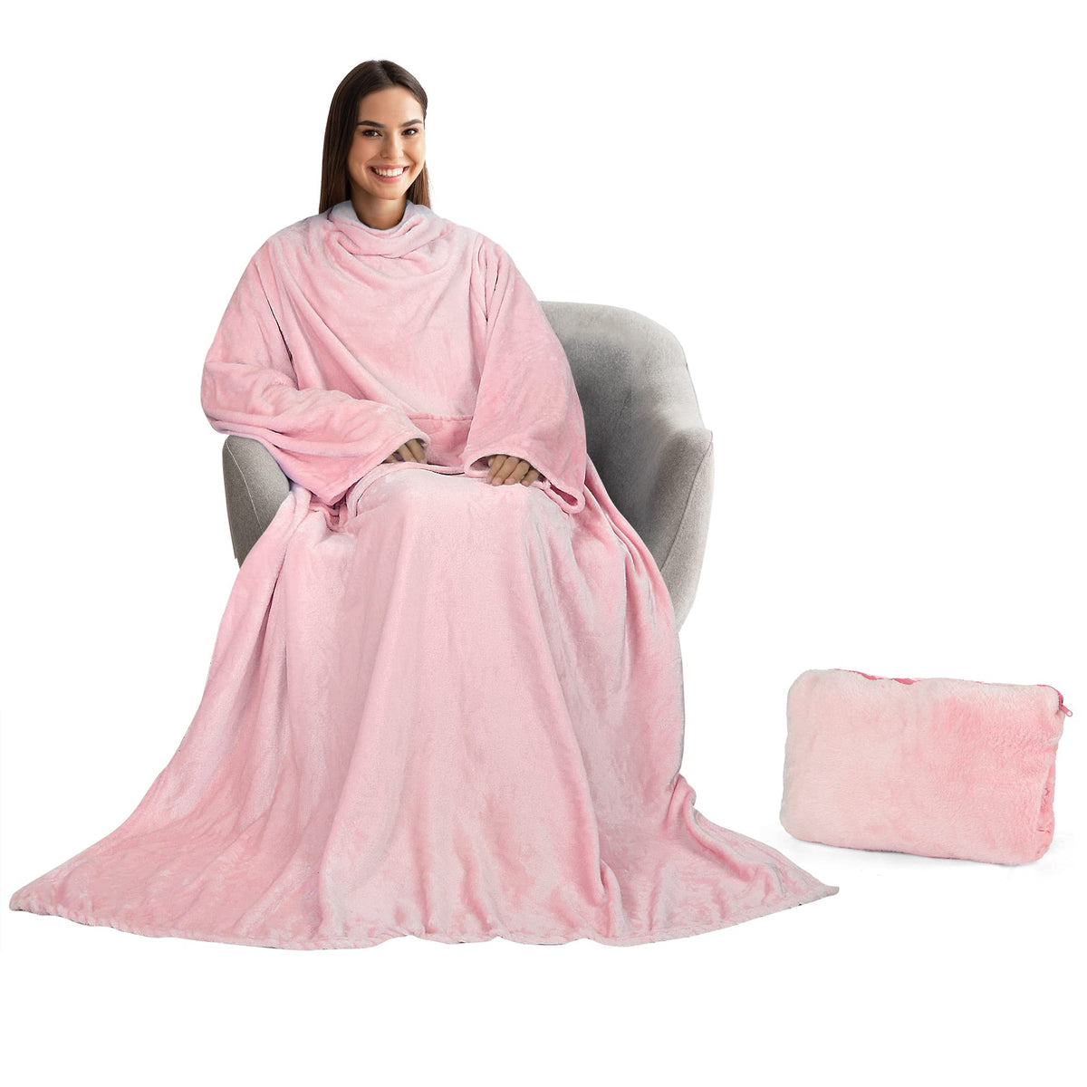 Tirrinia Wearable Blanket With Sleeves And Pocket, Super Soft Plush Fleece Sleeved Blanket For Adults In Pink,Great