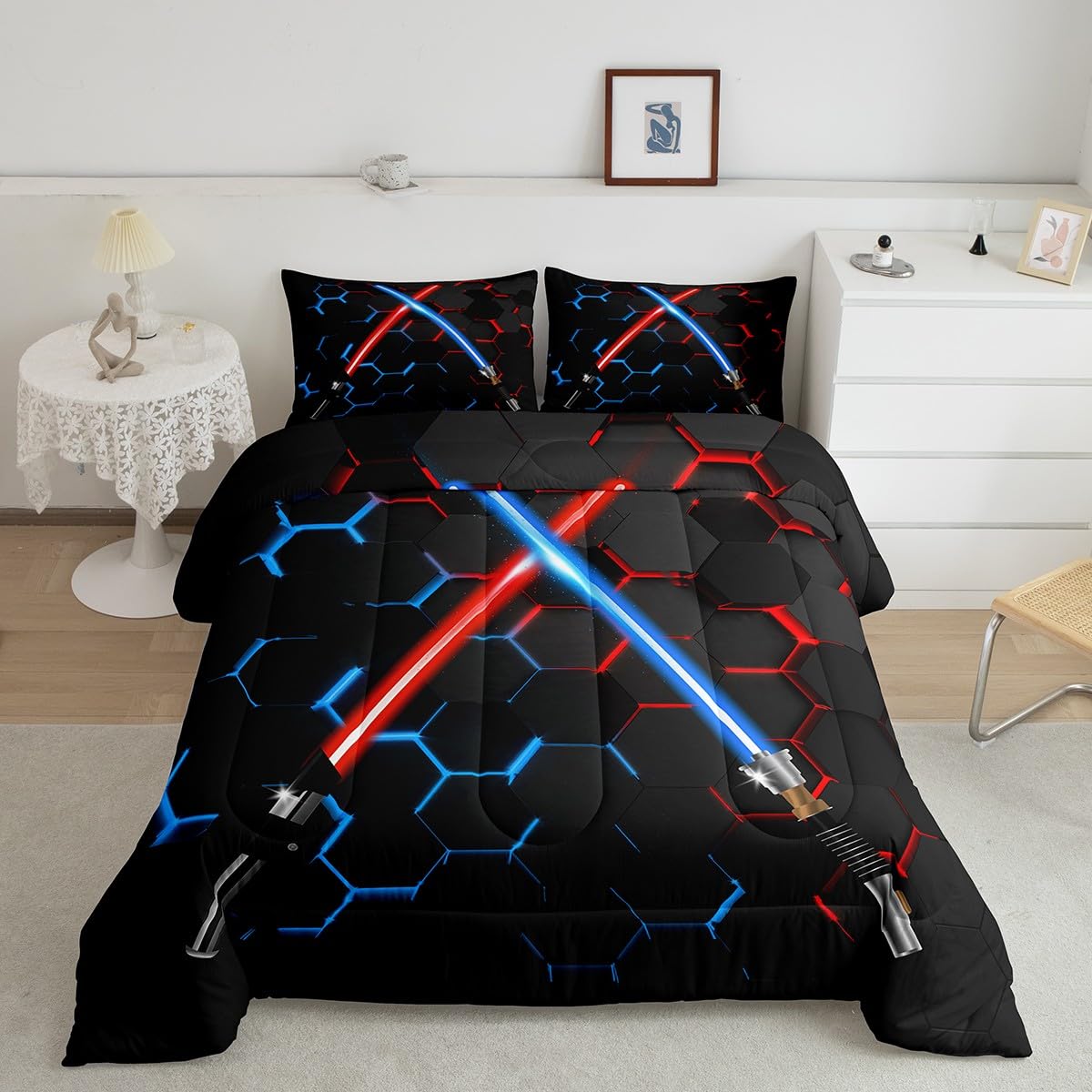 Neon Red Blue Lightsaber Comforter Set King Size Geometric Honeycomb Bedding Set 3Pcs For Kids Girls Boys Teens Room Decor Fashi