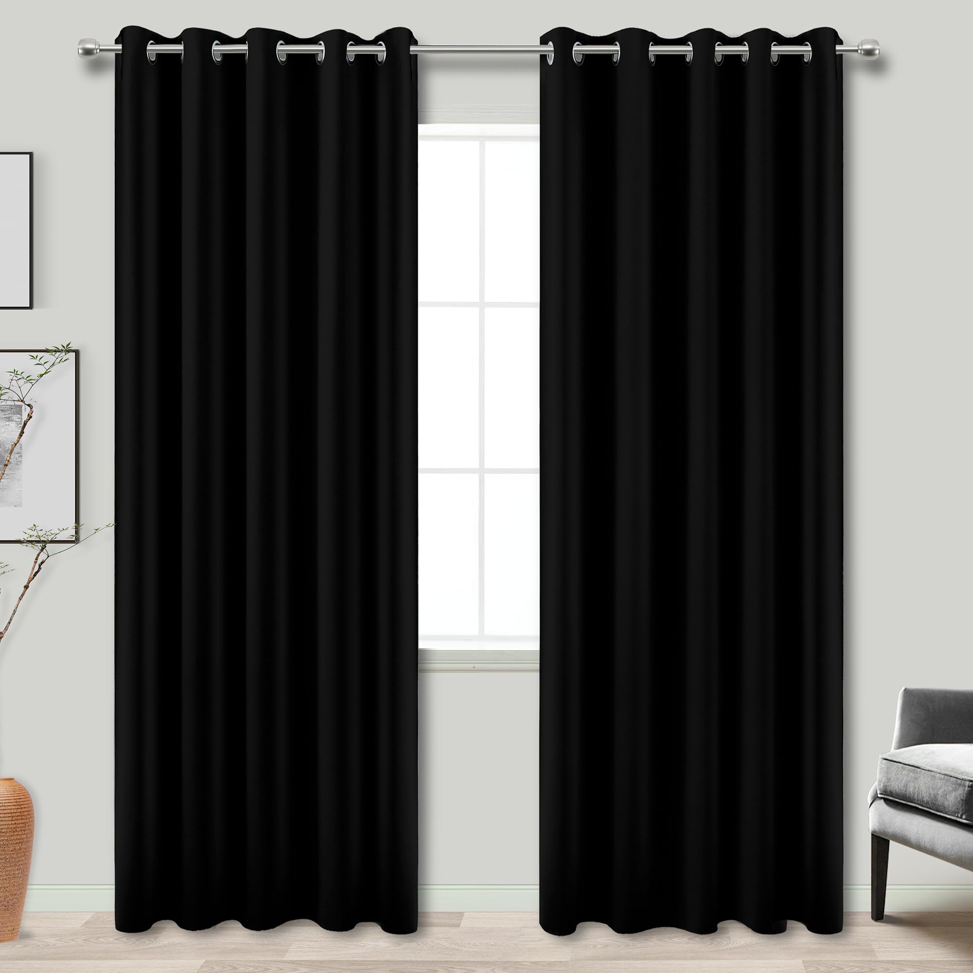 Koufall 60 Inch Wide Blackout Curtains For Bedroom,Light Blocking Large Window Curtain Panels Set Of 2,Total Width 120 X 84 Inch Long,Black