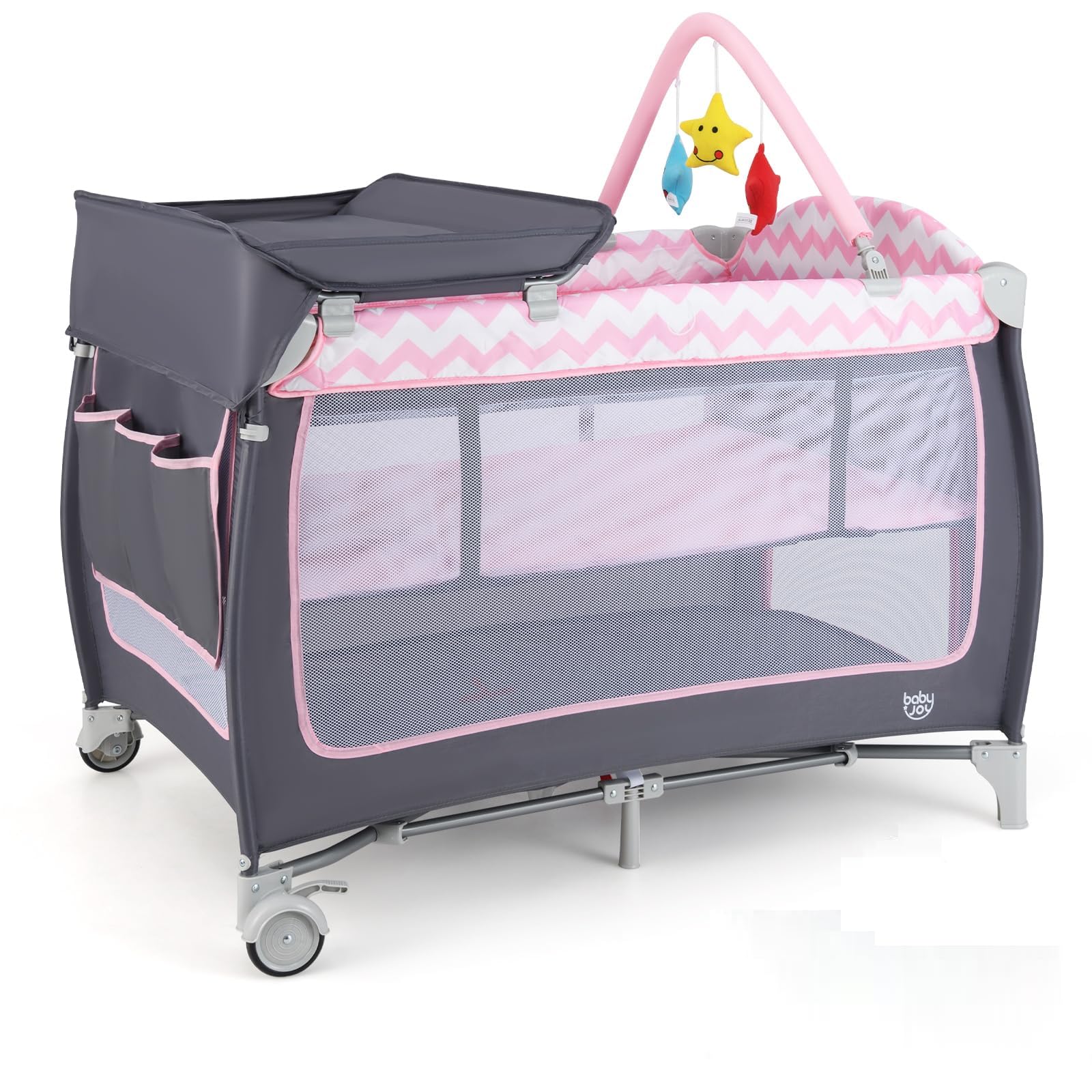 BABY JOY 4 in 1 Pack and Play, Portable Baby Playard with Bassinet, Side Zipper Door, Changing Table, Indoor Outdoor Travel Nurs