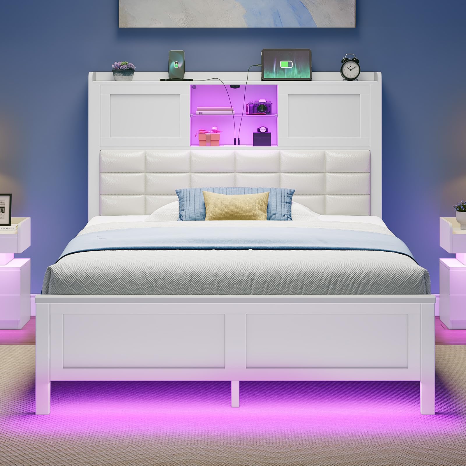 Rolanstar Bed Frame Twin Size with Charging Station, Bookcase Headboard Bed with LED Light and Sliding Doors, Platform Bed with 