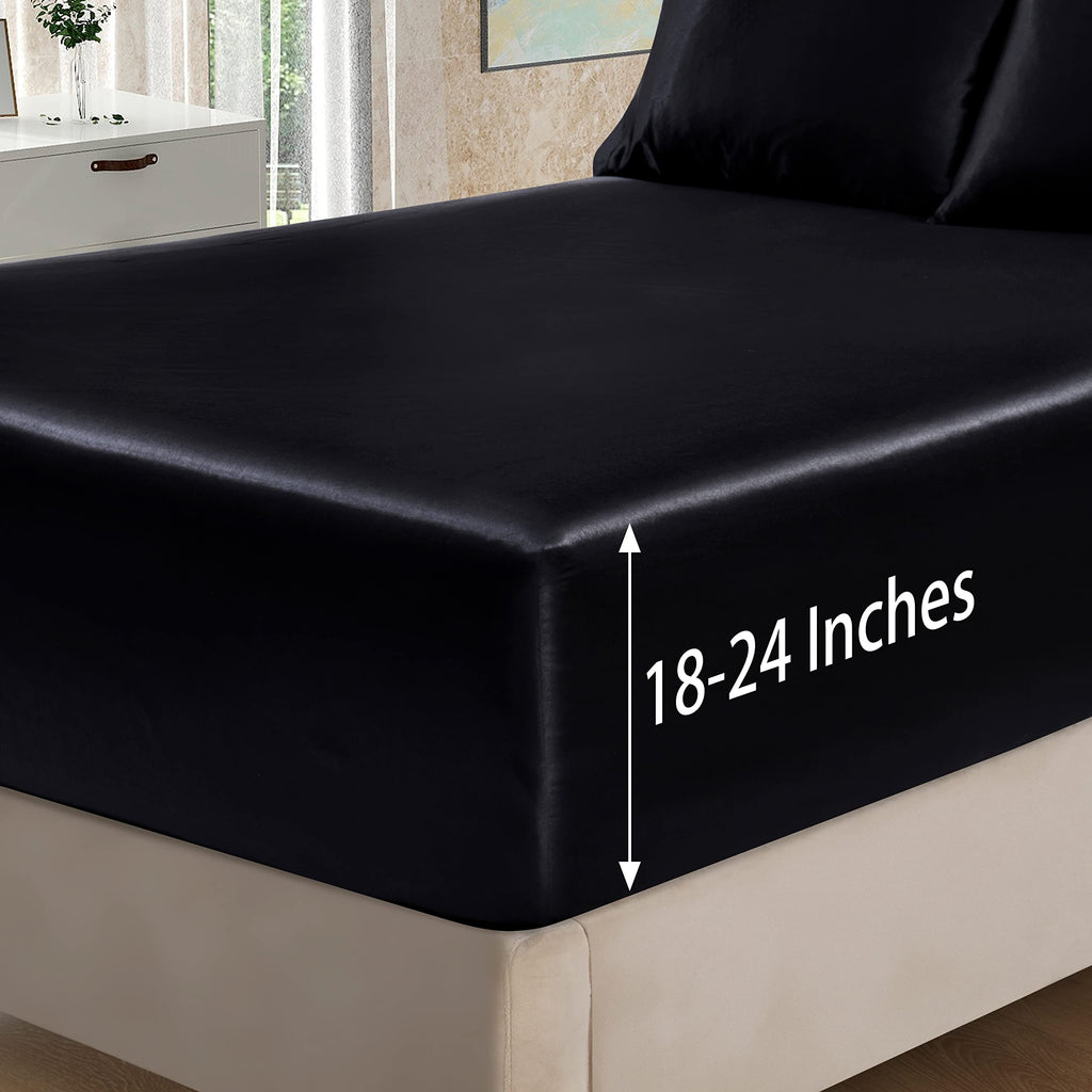 Homiest 4Pcs Extra Deep Pocket Satin Sheets Full Size Bed Set, 18-24 Inch Deep Pocket Bed Sheets Black Satin Sheet Set, Silky Satin Bedding Set Luxury Fitted Sheet Set Fits Ultra Deep Mattress