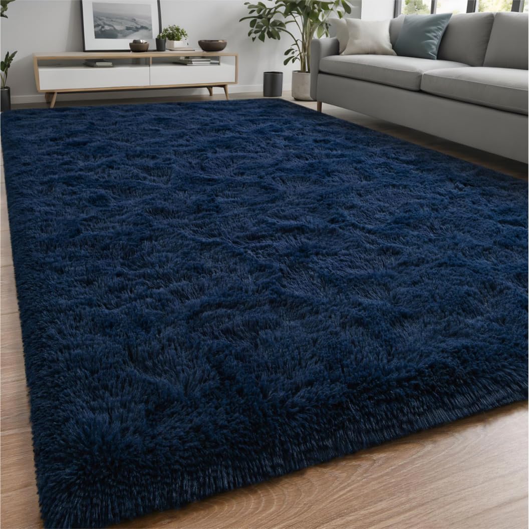Larhom Fluffy Shag Area Rug For Bedroom Living Room, 4X6 Ft Navy Blue Fuzzy Plush Rugs For Kids Girls Boys Room, Nursery Dorm Ro