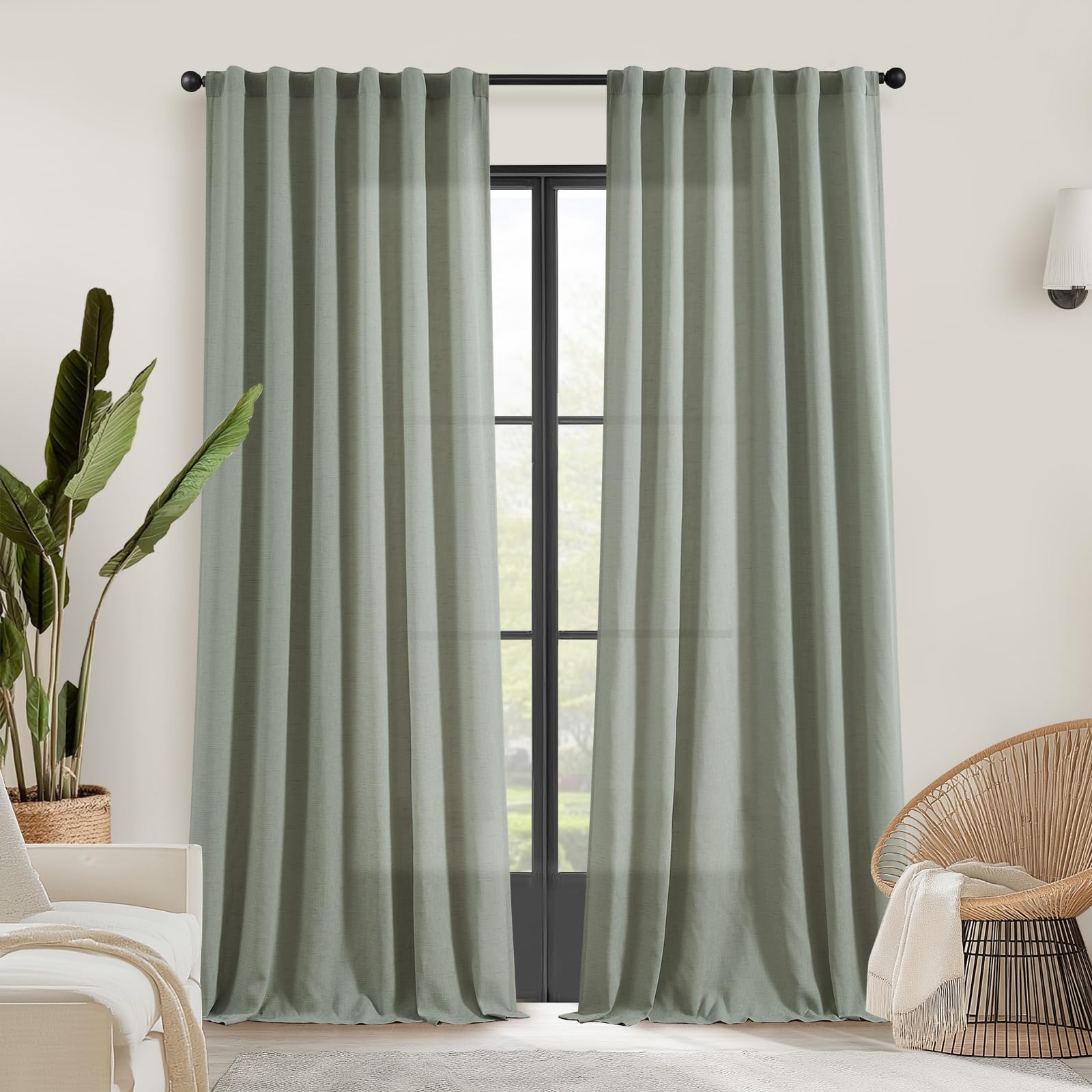 Jinchan Linen Blend Curtains 90 Inches Long For Living Room Farmhouse Rod Pocket Back Tab Light Filtering Window Drapes For Bedroom Curtains Green 2 Panels