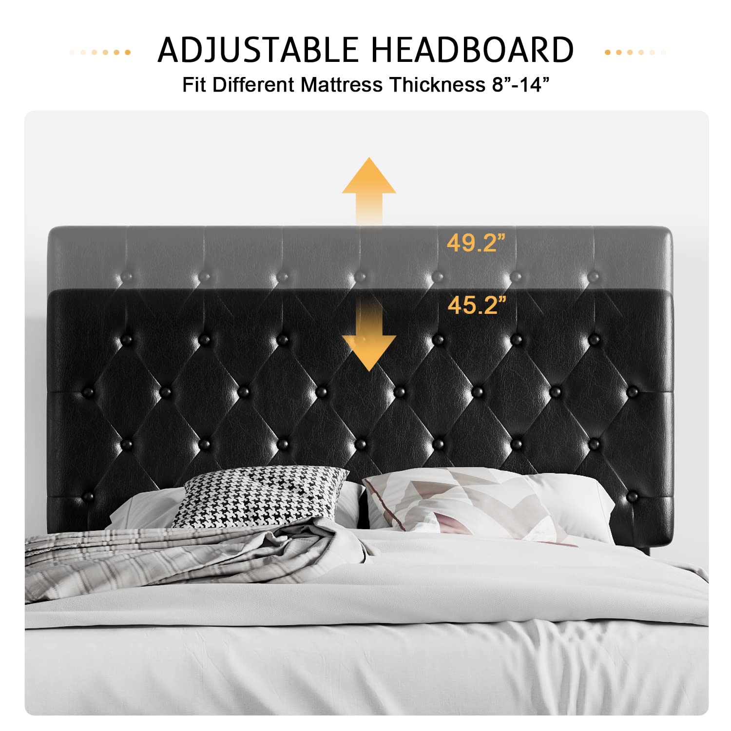 Sha Cerlin King Size Platform Bed Frame With Button Tufted Headboard, Faux Leather Upholstered Mattress Foundation, Wooden Slat Support, No Box Spring Needed, Black