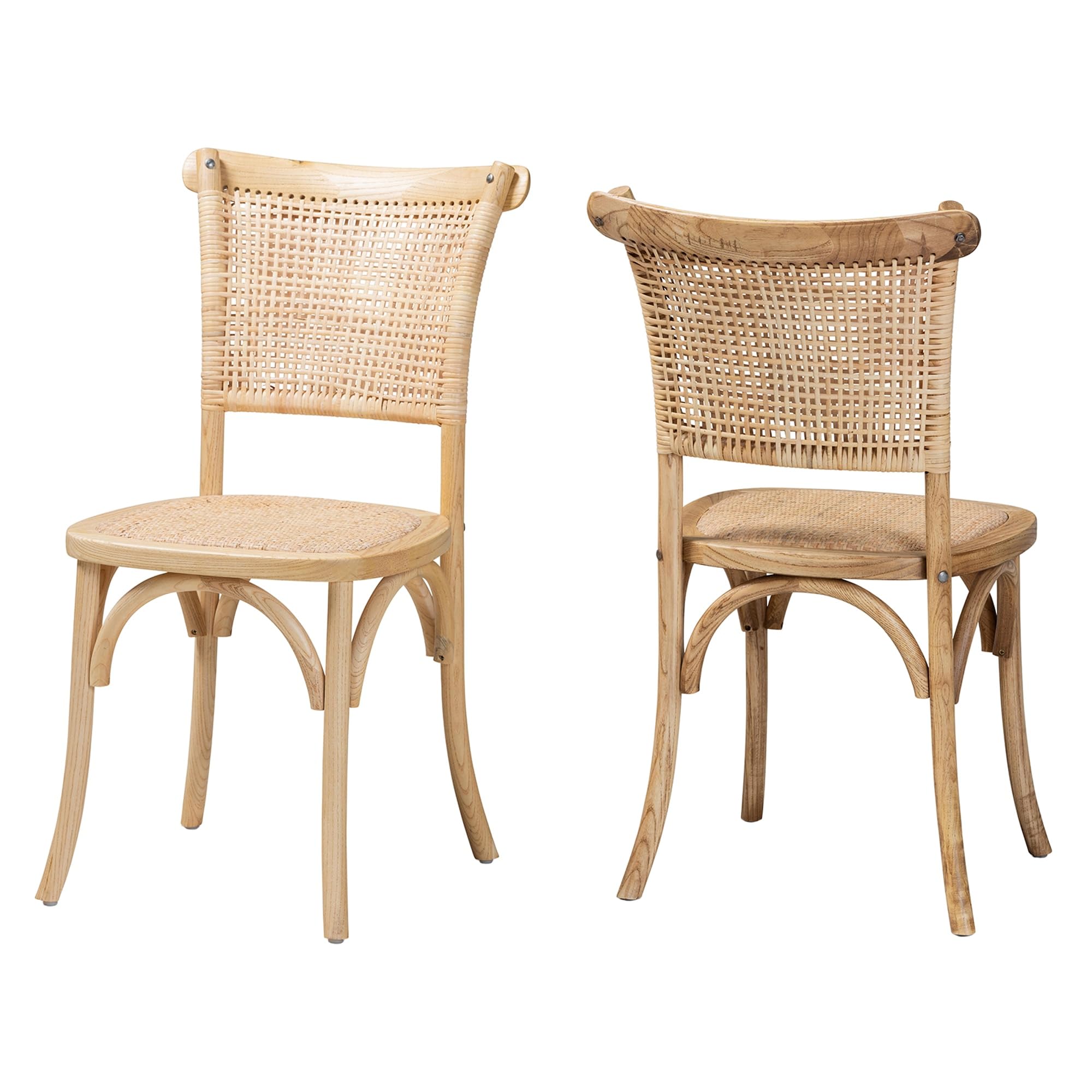 Baxton Studio Fields Mid-Century Modern Brown Woven Rattan and Wood 2-Piece Cane Dining Chair Set
