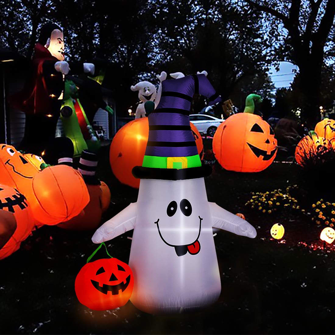VIVOHOME 5FT Halloween Inflatable Yard Decor, White Ghost with Pumpkin, Outdoor Blow Up with Built-in LED Light for Lawn, Garden