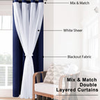 Hiasan Navy Blue Blackout Curtains With White Sheer Overlay, Mix & Match Double Layer Thermal Insulated Grommet Window Curtains