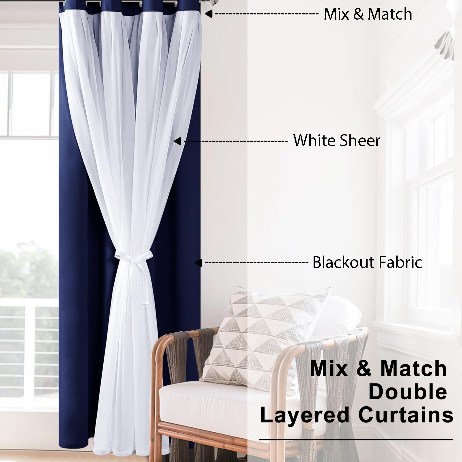 Hiasan Navy Blue Blackout Curtains With White Sheer Overlay, Mix & Match Double Layer Thermal Insulated Grommet Window Curtains
