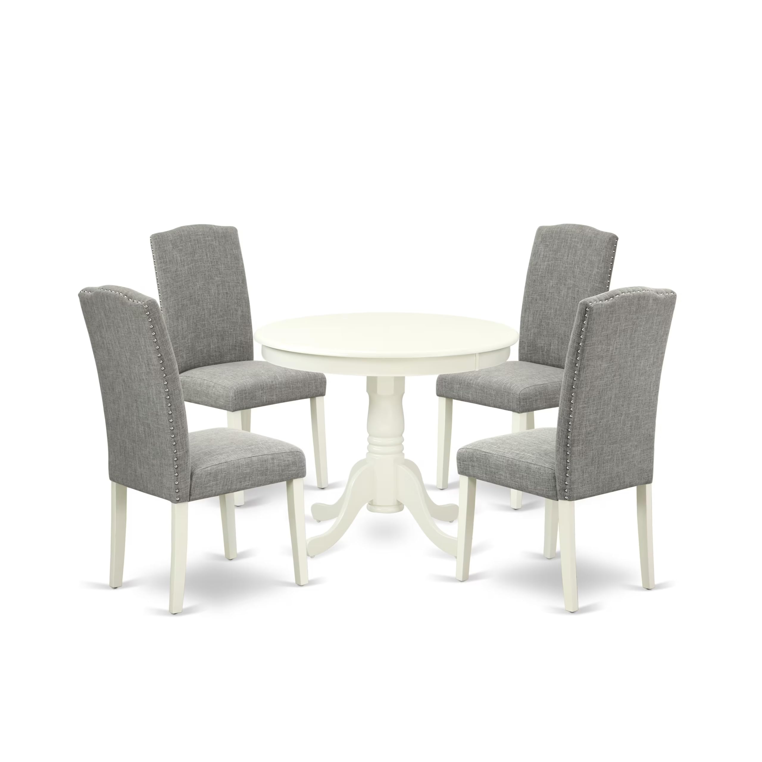 East West Furniture Anen5-Lwh-06 5 Piece Dining Room Furniture Set Includes A Round Kitchen Table With Pedestal And 4 Dark Shitake Linen Fabric Parsons Dining Chairs, 36X36 Inch, Linen White