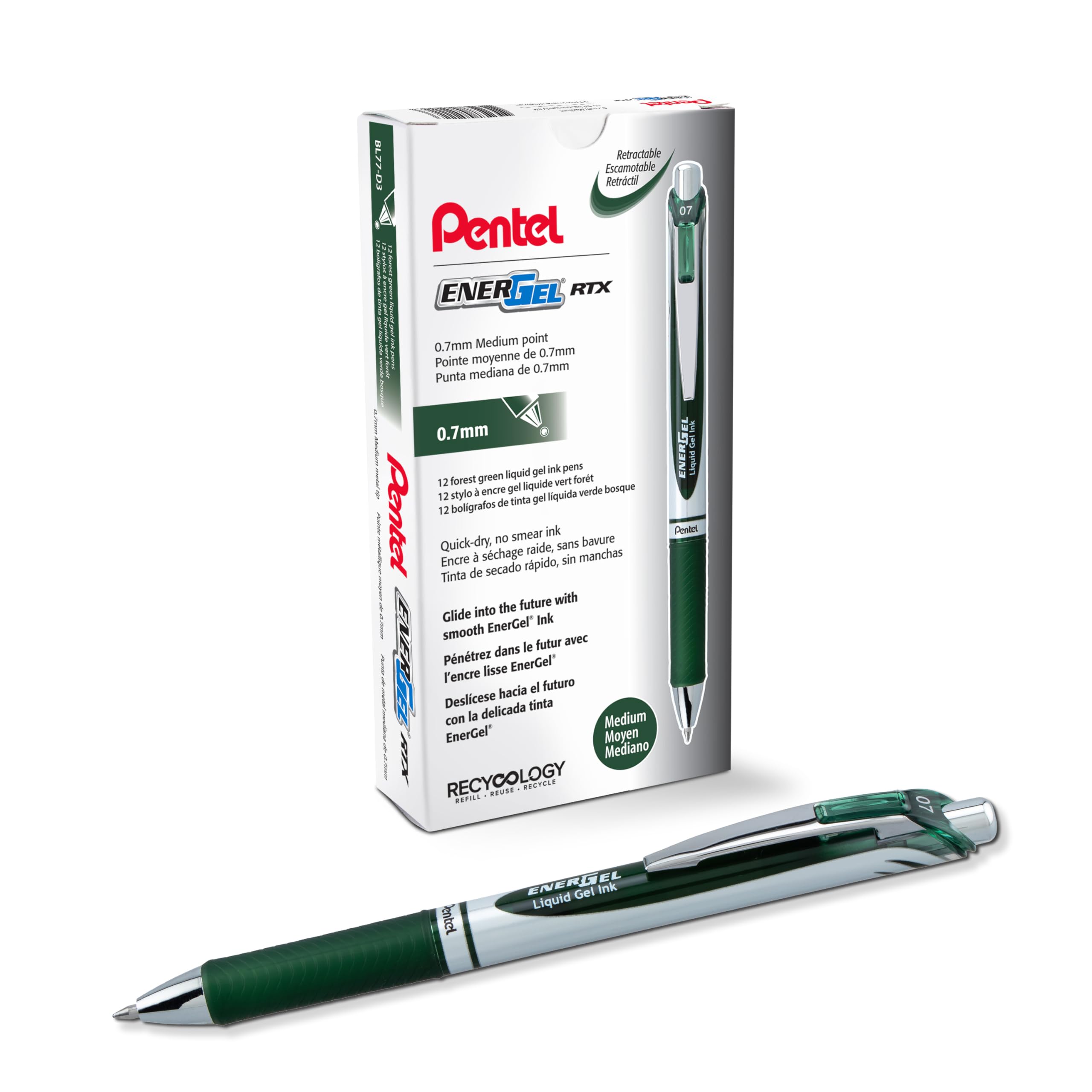 Pentel Energel Rtx Retractable Liquid Gel Ink Pen, (0.7Mm) Medium Line, Forest Green Ink, Box Of 12 Pens (Bl77-D3)