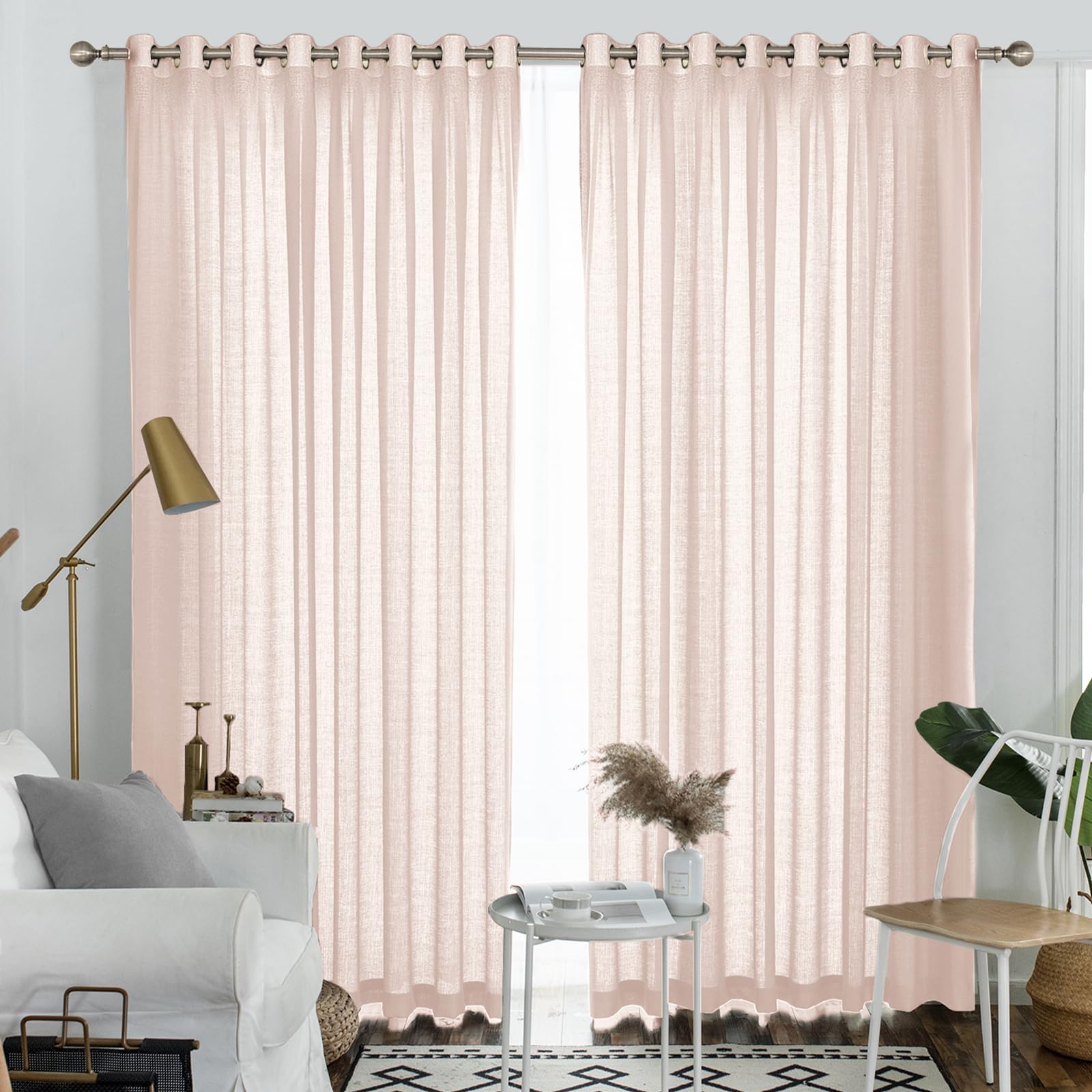 Melodieux Light Pink Semi Sheer Curtains 108 Inches Long For Living Room Patio Door, Extra Long Bedroom Linen Look Rustic Gromme