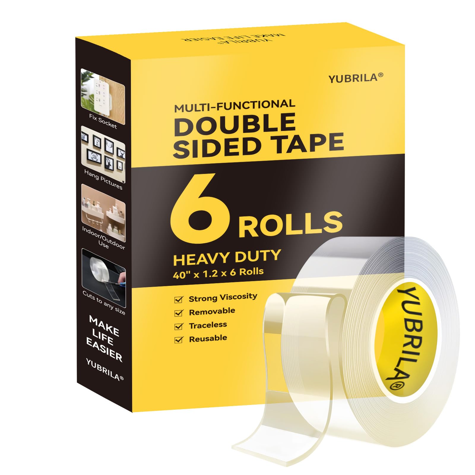 Yubrila 6 Rolls,Double Sided Tape Heavy Duty,Strong Nano Adhesive Mounting Tape For Walls Decor Picture Poster Hanging Strips