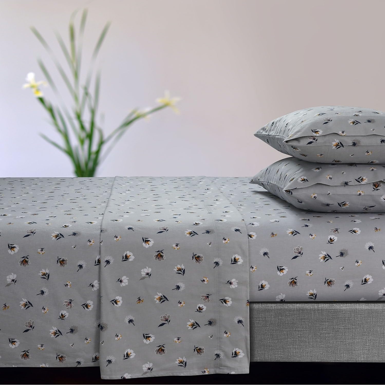 Tribeca Living Floryn 170-GSM Ultra-Soft Flannel Extra Deep Pocket Sheet Set, Oversized Flat, King Grey, (FLORYNSHEKIGR),Light G