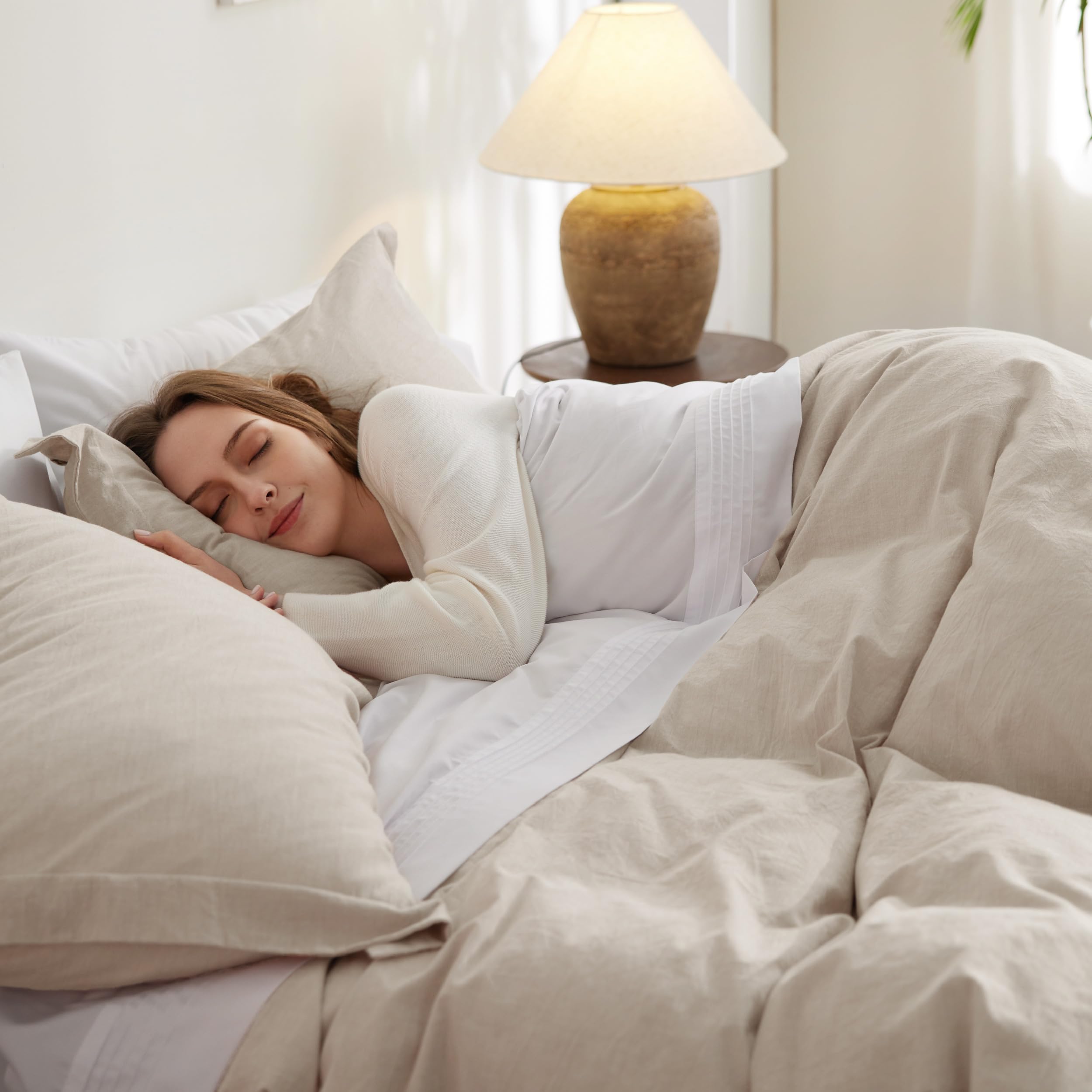 Bedsure 100% Washed Cotton Duvet Cover Cal King - Beige Minimalist Cotton Duvet Cover Linen Like - 3 Pieces Gentlesoft™ Plain Simple Bedding Set With 2 Pillow Shams (Beige, California King, 104'X98')