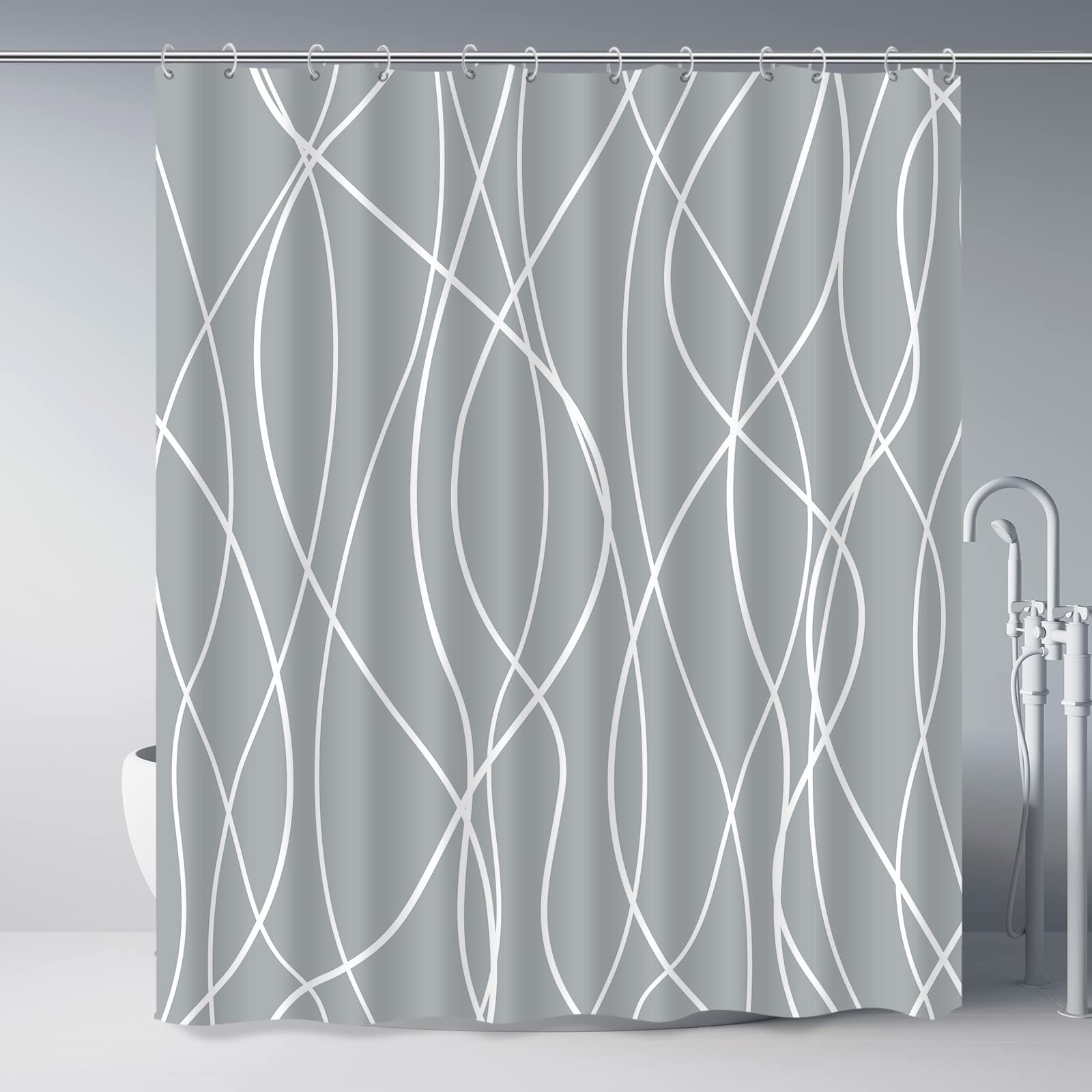 Punkray Light Grey Shower Curtain for Bathroom with Hooks,Shower Curtain Set Stripe Bath Curtains Decorative White Shower Curtai