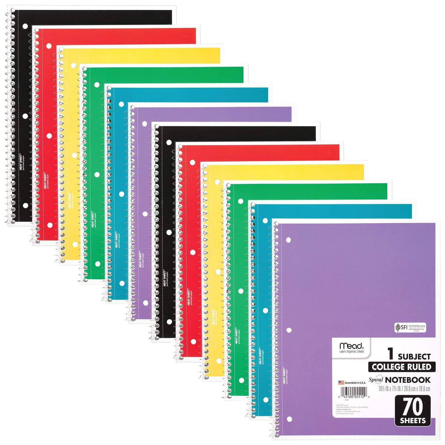 Mead Spiral Notebooks, 12 Pack, 1-Subject, College Ruled Paper, 10-1/2' X 8', 70 Sheets Per Notebook, Color Will Vary (73703)