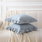 K Masaniji 2 Pack Dust Blue White Plaid Ruffle Throw Pillow Covers 18X18 Inches, 100% Washed Cotton Gingham Buffalo Checkered Fa