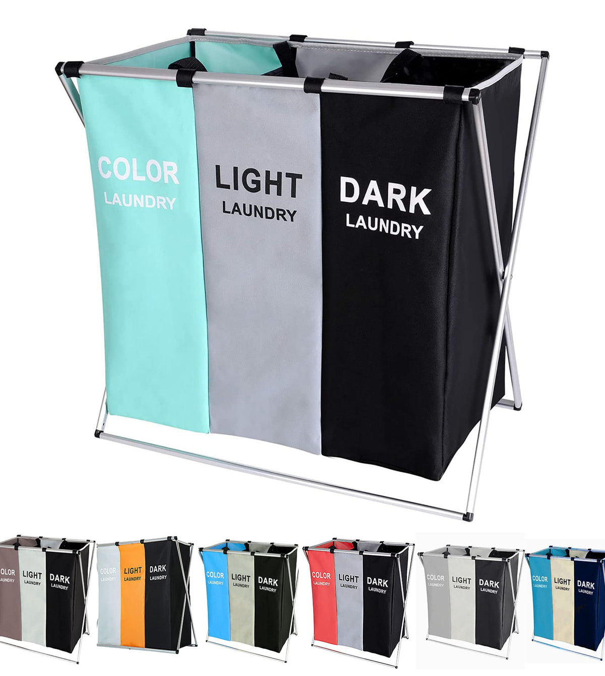 135L Laundry Cloth Hamper Sorter Basket Bin Foldable 3 Sections with Aluminum Frame 2624H Washing Storage Dirty Clothes Ba