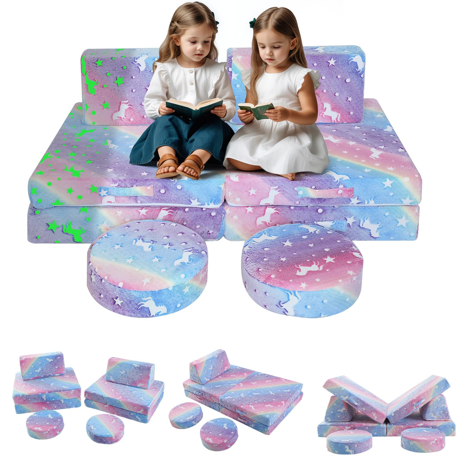MeMoreCool Kids Couch Glow Sofa Modular Toddler Couch for Playroom, 8-Piece Fold Out Baby Couch Play Set, Children Convertible S