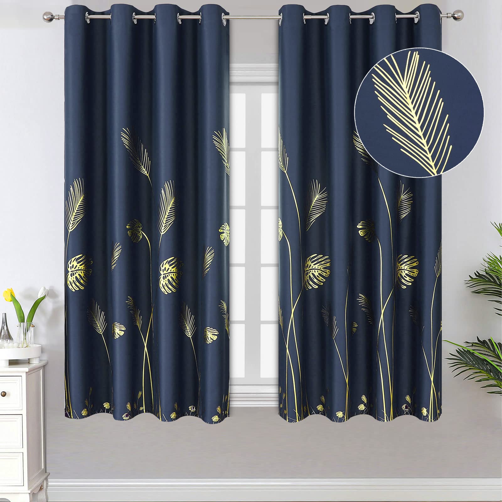 Estelar Textiler Blackout Window Curtains Gold Leaf And Wheat Print Grommet Blackout Curtains Thermal Insulated Drapes Blinds Fo