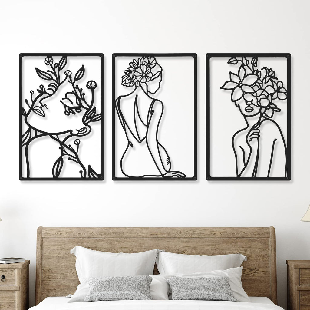 6 Pieces Black Metal Wall Decor Modern Minimalist Abstract Woman Wall Art Aesthetic Female Wall Sculpture Line Drawing Hanging A