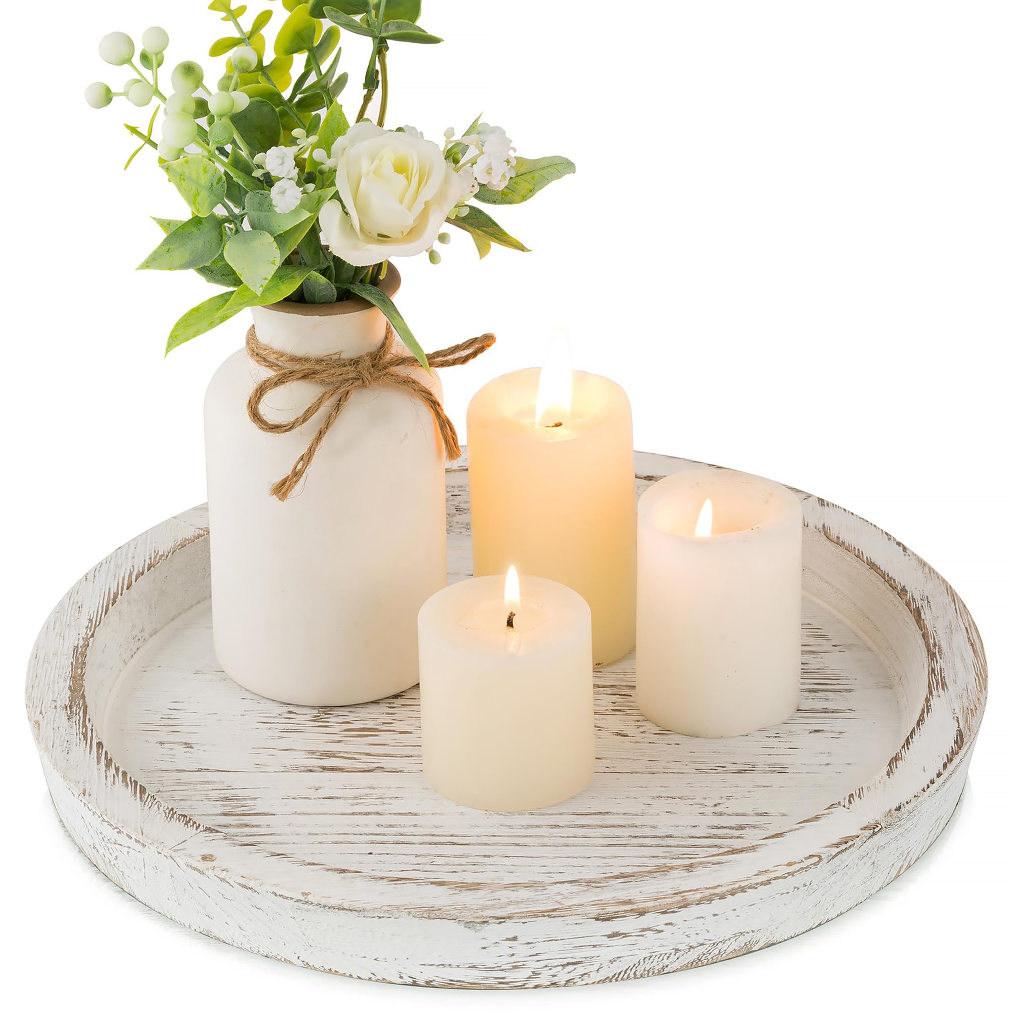 Hanobe Candle Plate Holder Tray: Round Wooden Decorative Candle Plate Small Farmhouse Table Centerpiece Rustic White Wood Tealig