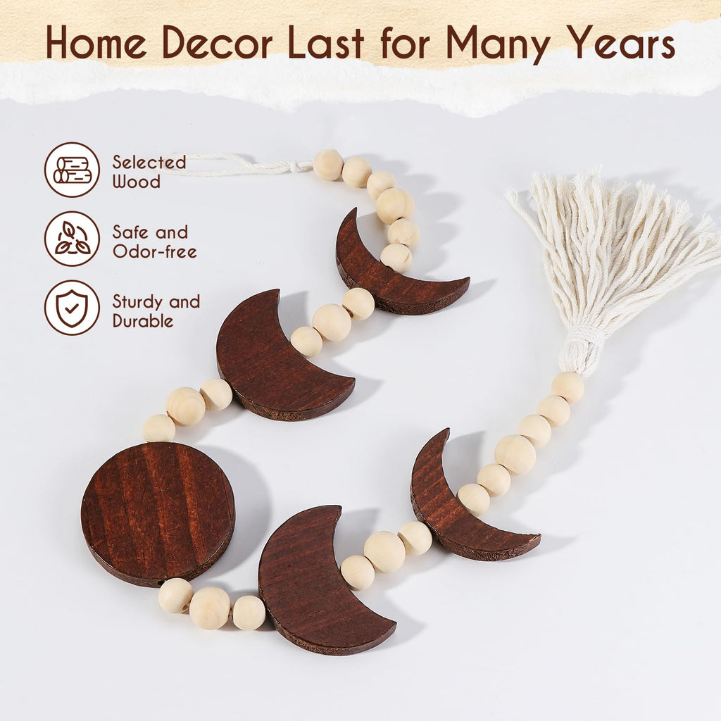 Ausicfen Moon Phase Wall Hanging Wood Beaded With Tassel,Phases Of The Moon,Boho Home Decor For Living Room Bedroom Office(Brown