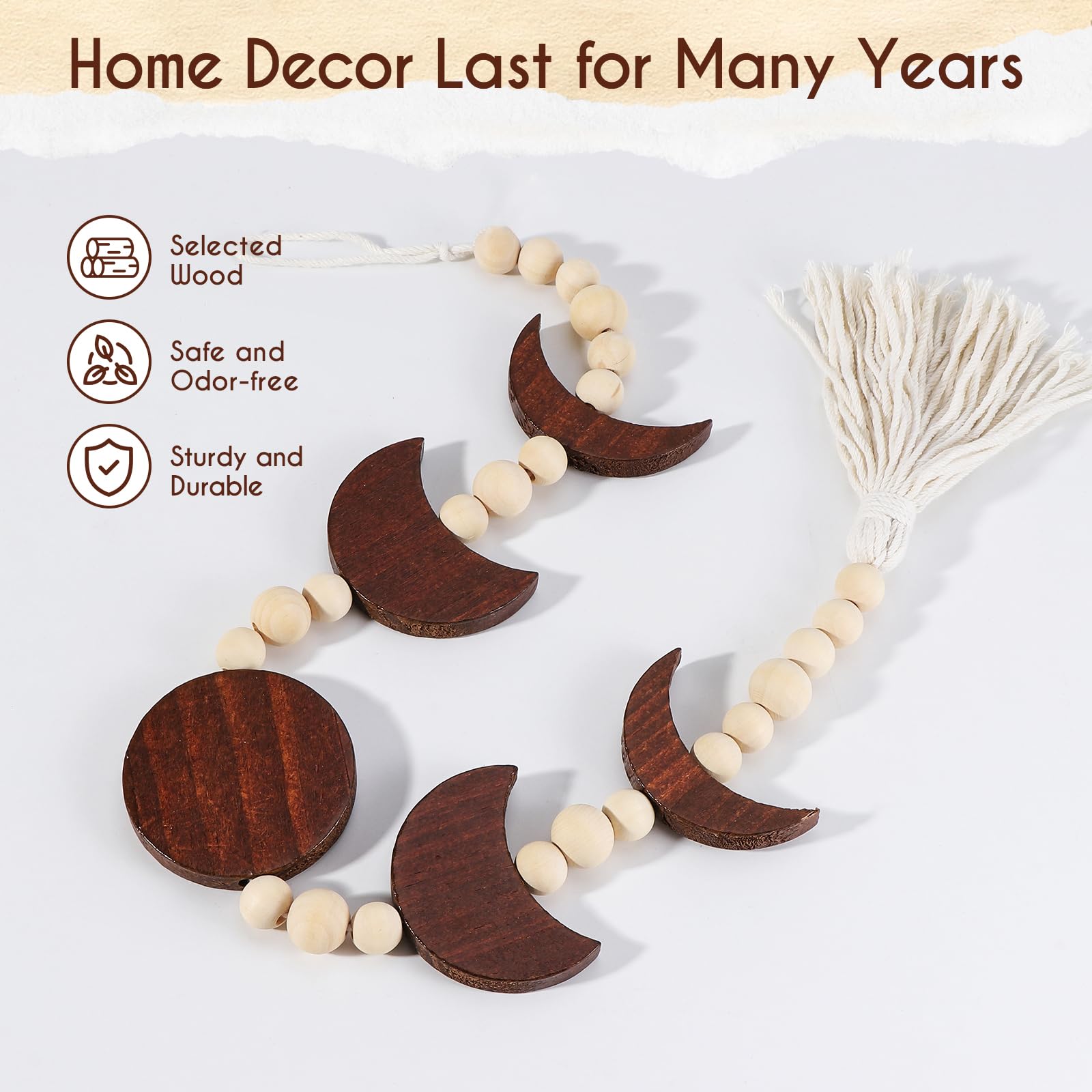 Ausicfen Moon Phase Wall Hanging Wood Beaded With Tassel,Phases Of The Moon,Boho Home Decor For Living Room Bedroom Office(Brown