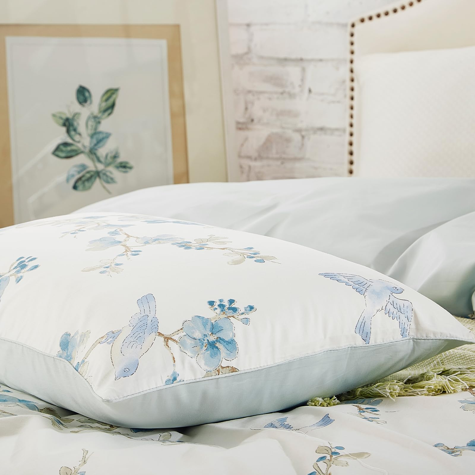 Mixinni Blue And White Floral Duvet Cover King Long Staple Cotton Reversible Design Duvet Cover Set, Cute Flowers Birds Bedding