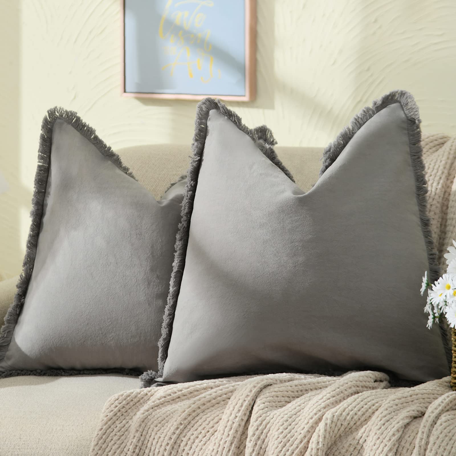 Zwjd Pillow Covers 20X20 Set Of 2 Gray Throw Pillow Covers With Fringe Chic Cotton Decorative Pillows Square Cushion Covers For