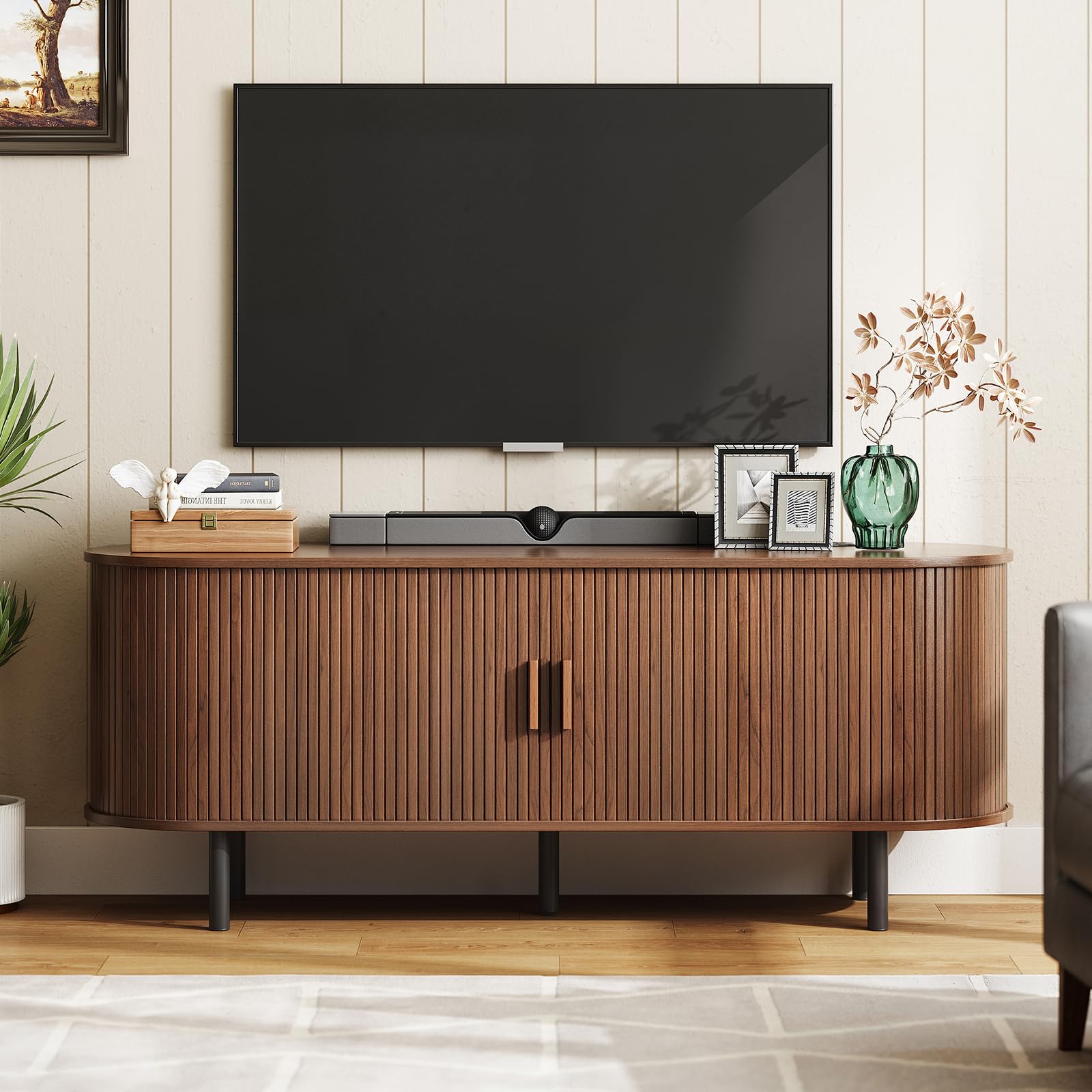 ONBRILL 55  TV Stand with Power Outlet for TVs up to 60 Inch, Entertainment Center with Storage and Adjustable Shelves, Modern M