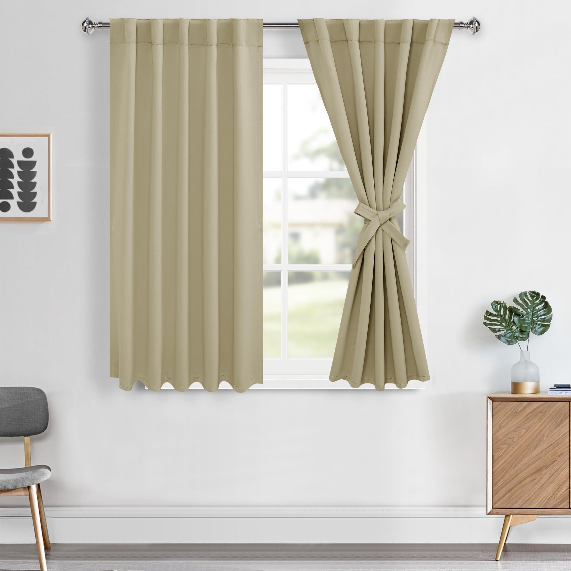 Hiasan Room Darkening Curtains 45 inches Long, Light Blocking Thermal Insulated Rod Pocket & Back Tab Drapes Sewn with Tiebacks 