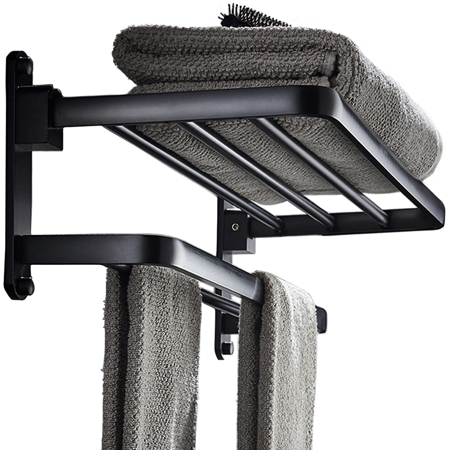 BOZWELL Bathroom Lavatory Towel Rack with Two Towel Bars,16-Inch(40cm) Towel Holder with Shelf BZ305-A (Matte Black)