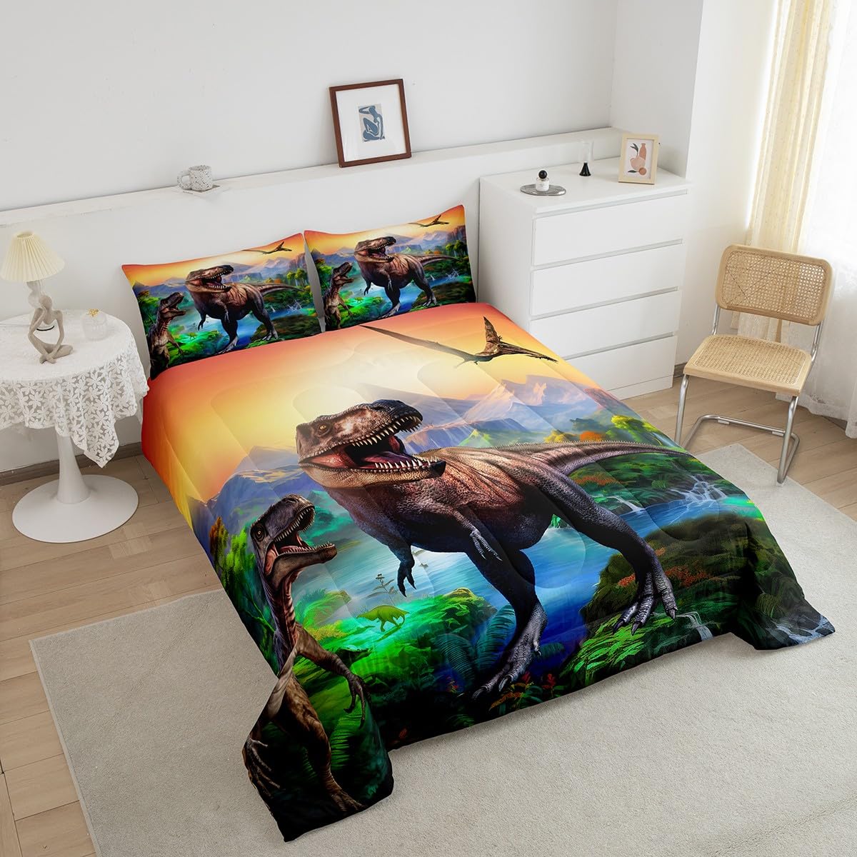 Erosebridal Boys Dinosaur Queen Bedding Set Kids 3D Cartoon Dinosaurs Comforter Set Teen Boy Bedding Dinosaur Quilt Dinosaur Room Decor Soft Lightweight Duvet Sets For All Season 2 Pillow Cases