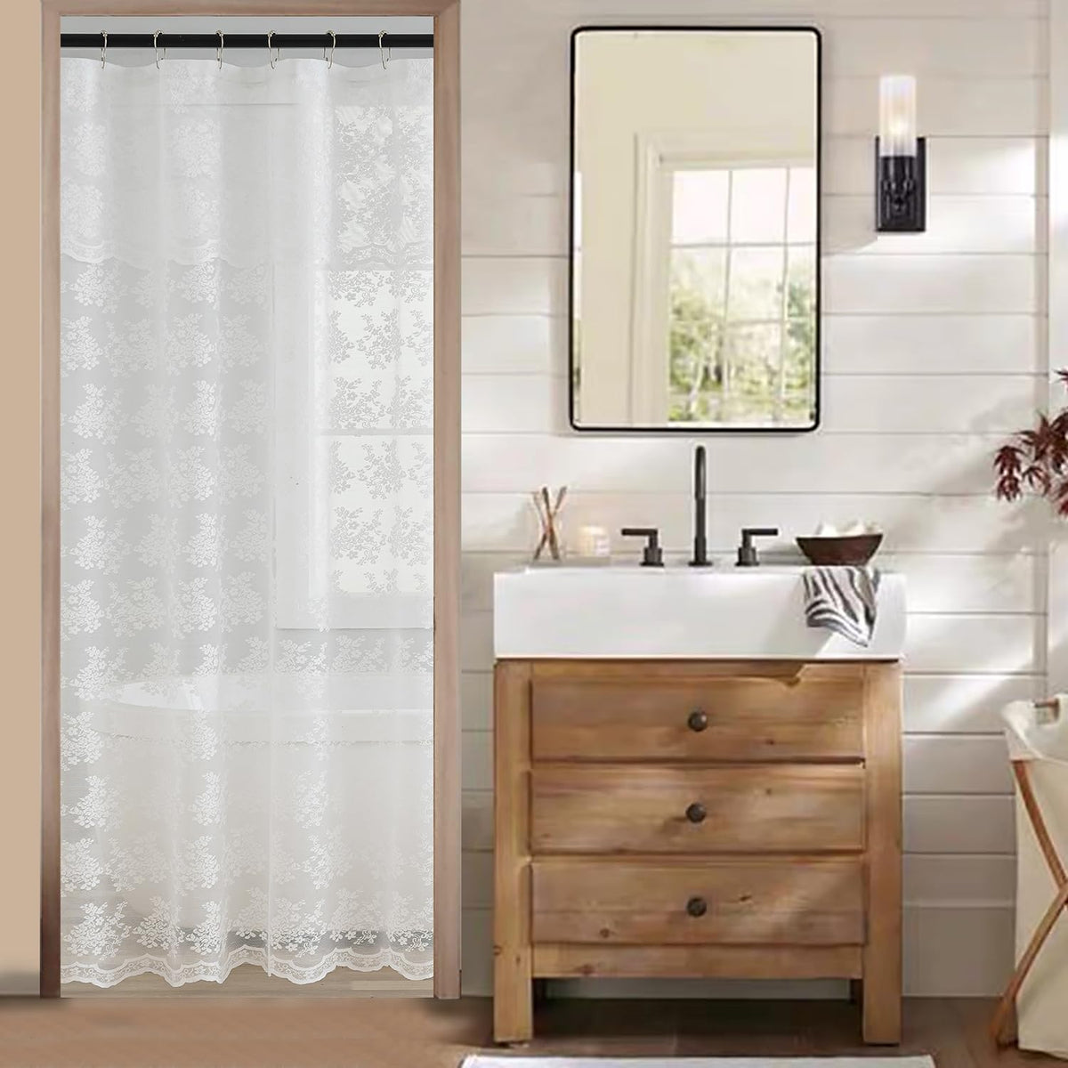 Tudeco White Stall Size Shower Curtain - Country Lace Shower Curtain 36 X 72 Inch With Attach Valance, Luxury Floral Small Rv Na