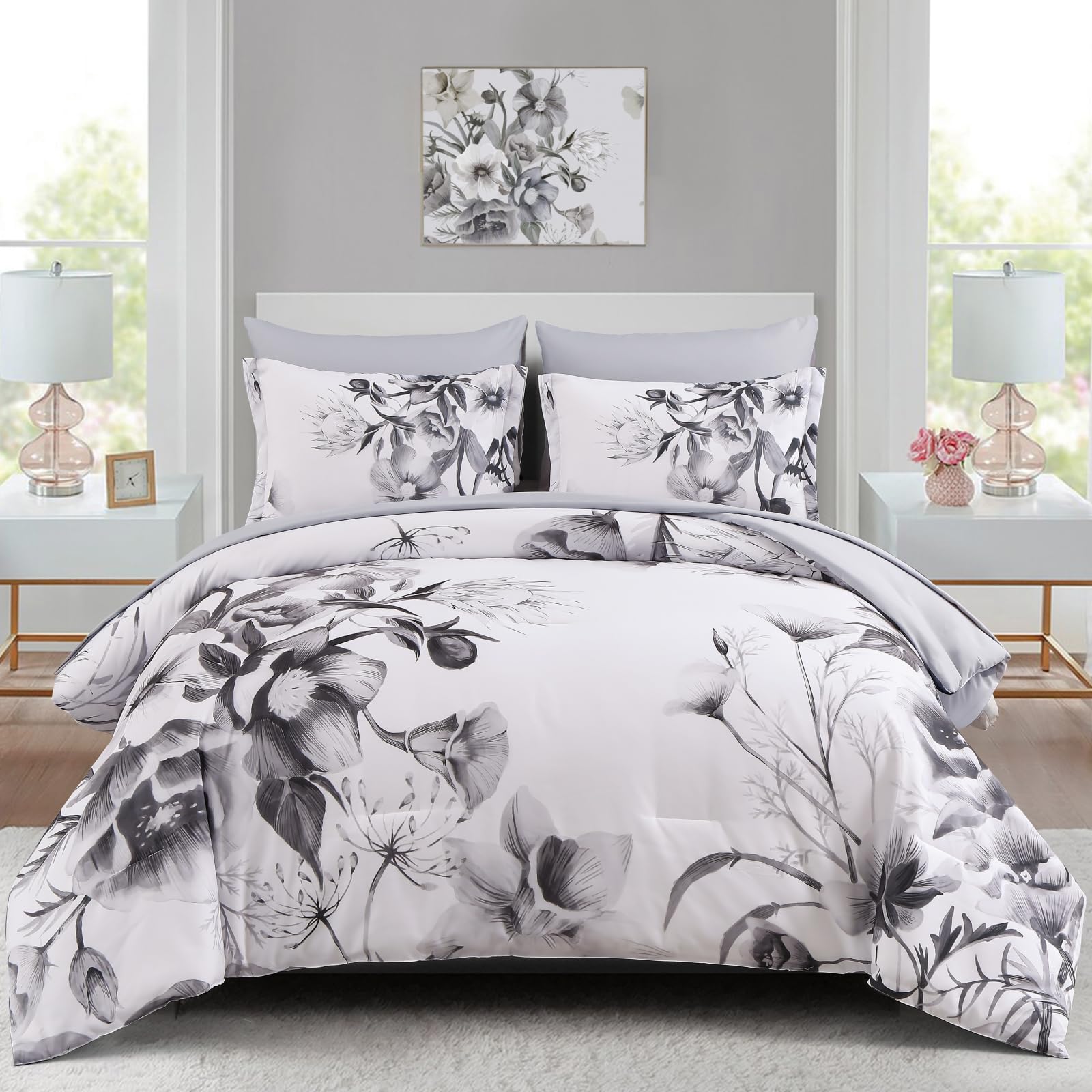 Luxudecor Floral Comforter Set Queen Size 7 Piece, Black Flower Bed In A Bag, Elegant Ink Comforter Bedding Set For All Season (