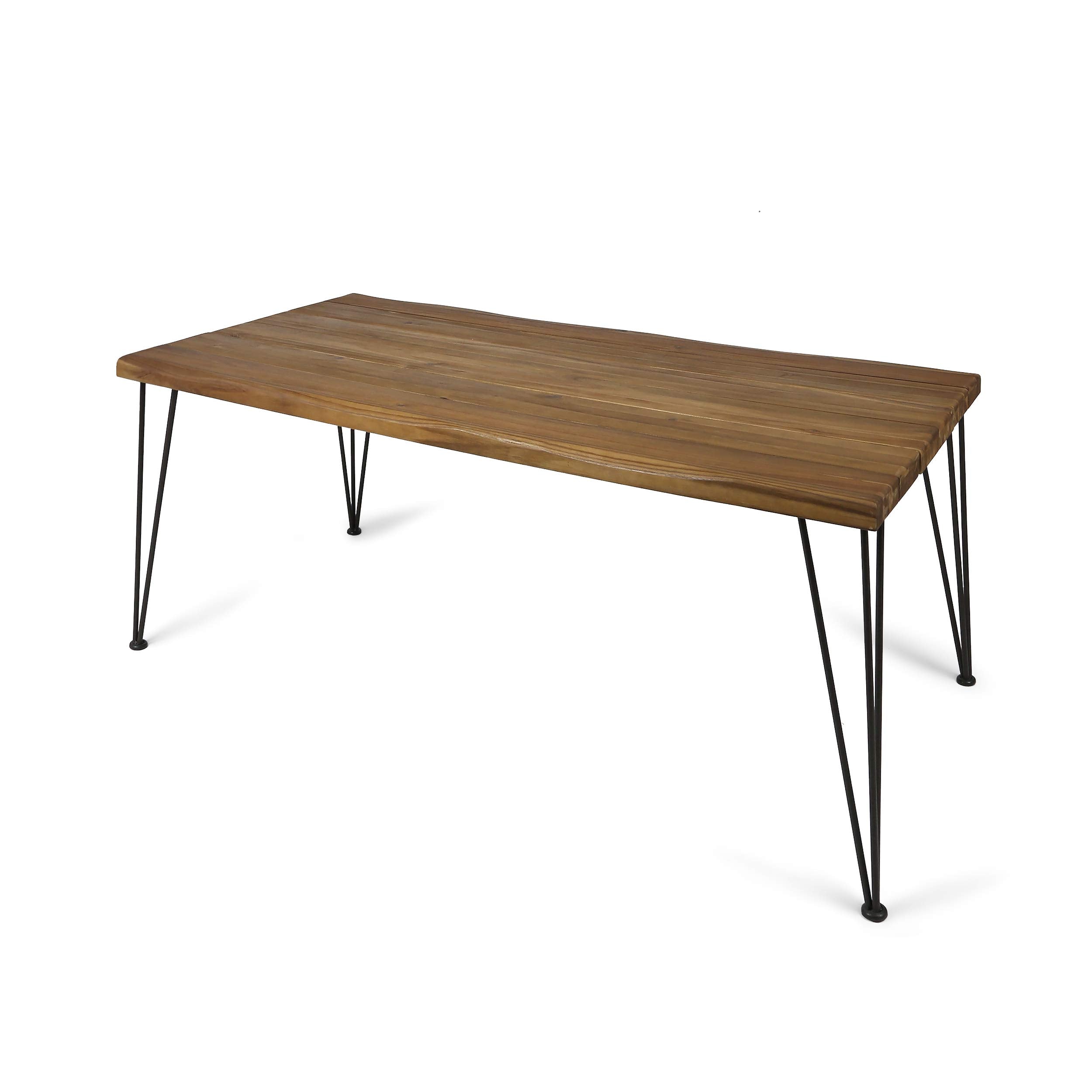 Christopher Knight Home Kama Patio Dining, Rectangular, 72', Acacia Wood Table Top, Rustic Iron Hairpin Legs, Teak Finish, Metal