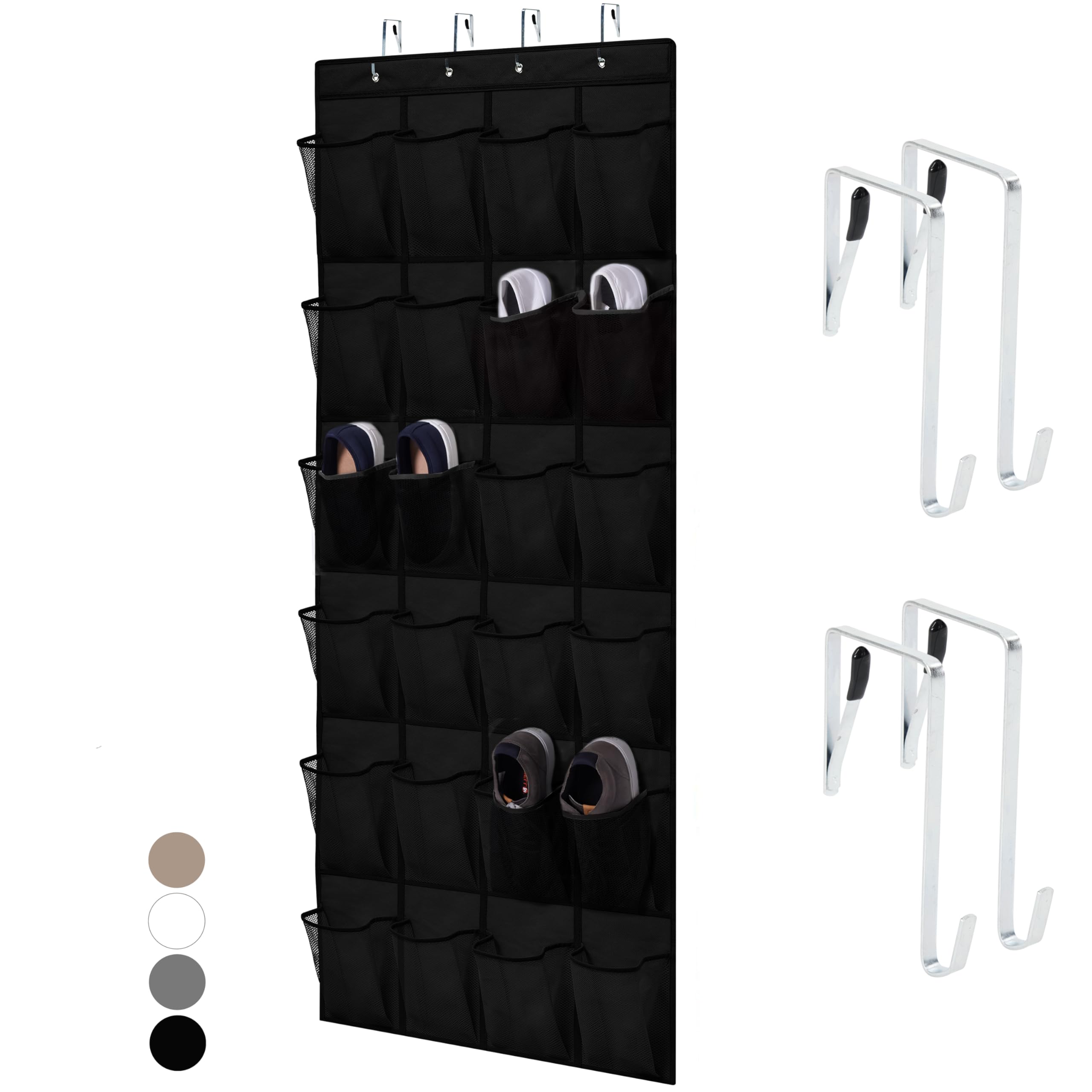 Home Genie Over The Door Hanging Shoe Organizer, 24 Breathable Mesh Pockets, Closet Rack Storage Holder, Stay In Place Hooks Hang On Closets, Hanger Holds Up To 40 Lbs For Shoes, Accessories, Black