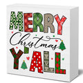 Christmas Wooden Sign Merry Christmas Yall Wooden Block Sign Xmas Winter Decor for Home Table Desk Shelf