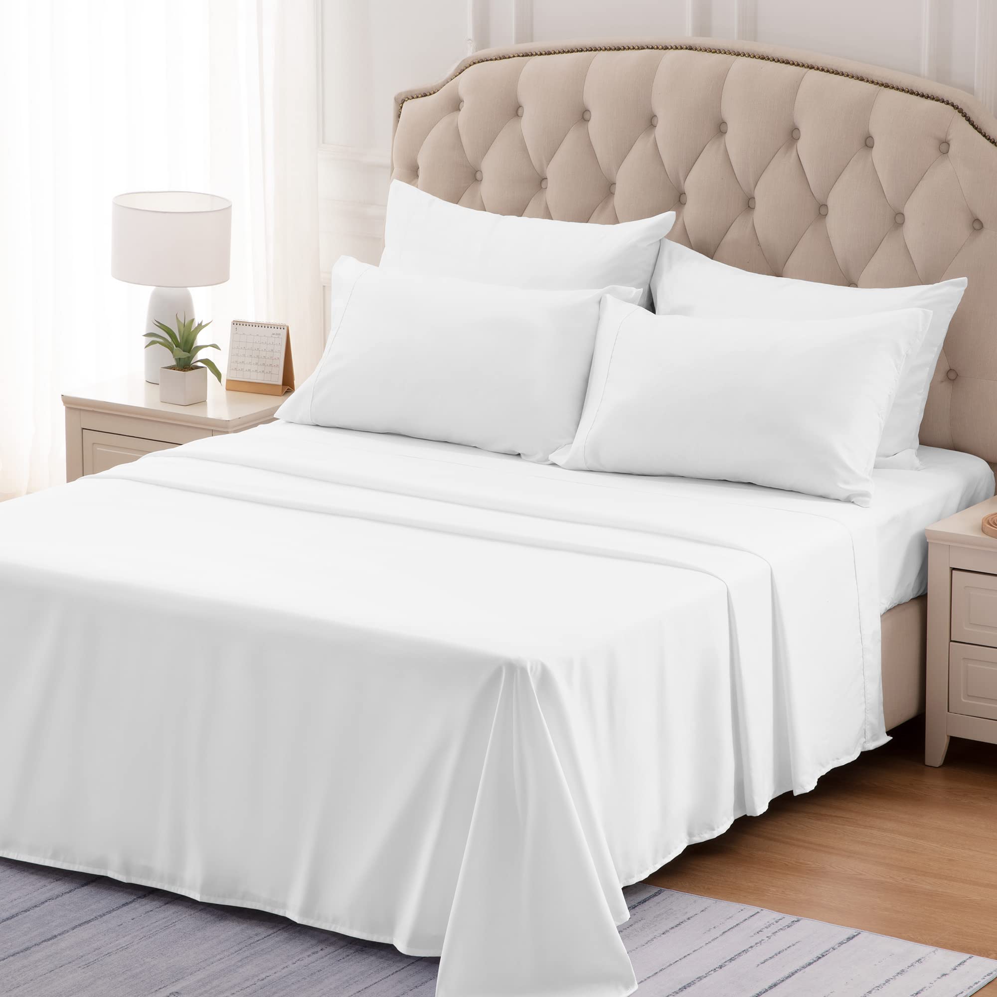 Sleep Zone Nanotex Super Soft Cooling Full Size Bed Sheets Set 4 Piece - Easy Care Fitted Flat Sheet & Pillowcase Sets - Wrinkle Free, Fade Resistant, Deep Pocket 16' (White, Full)